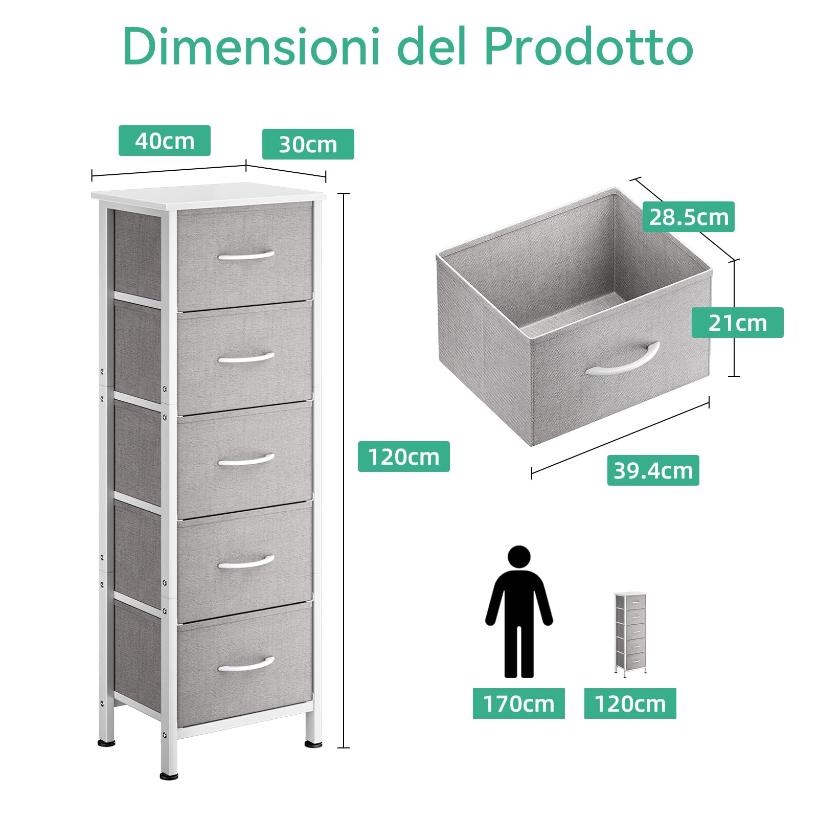 Coleshome Cassettiera Camera da Letto, Cassettiera Alta Piccola con 5 Cassetti in Tessuto, Robusta Struttura in Acciaio, Piano in Legno, Adatta per Camera da Letto e Soggiorno, Grigio Chiaro