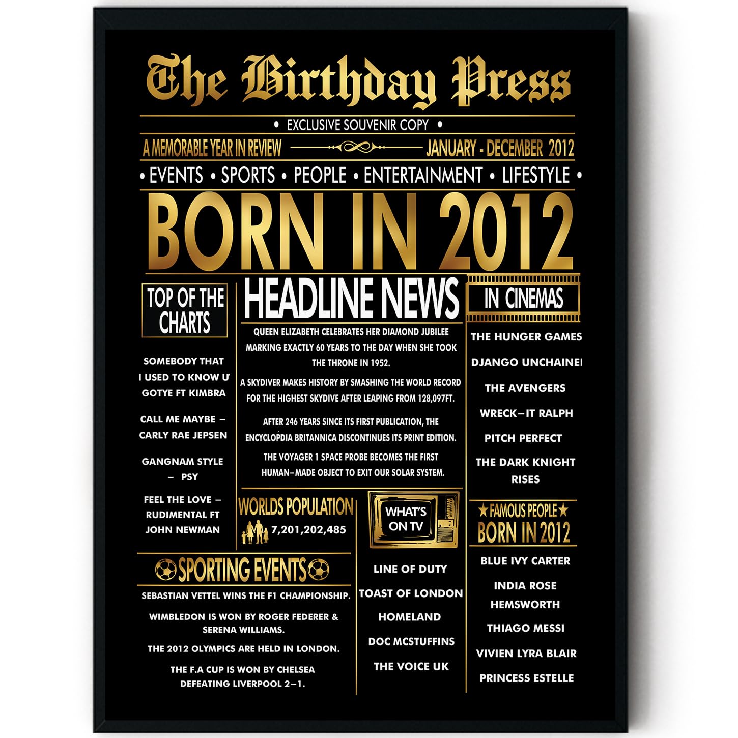Stuff4 Gold 14th Birthday Poster Framed - Golden Born In 2012 Newspaper - Happy 14 Birthday for Boys Girls Retro Vintage Gifts Back In 2012, 8x10 Inch Bday Party Decor Decoration