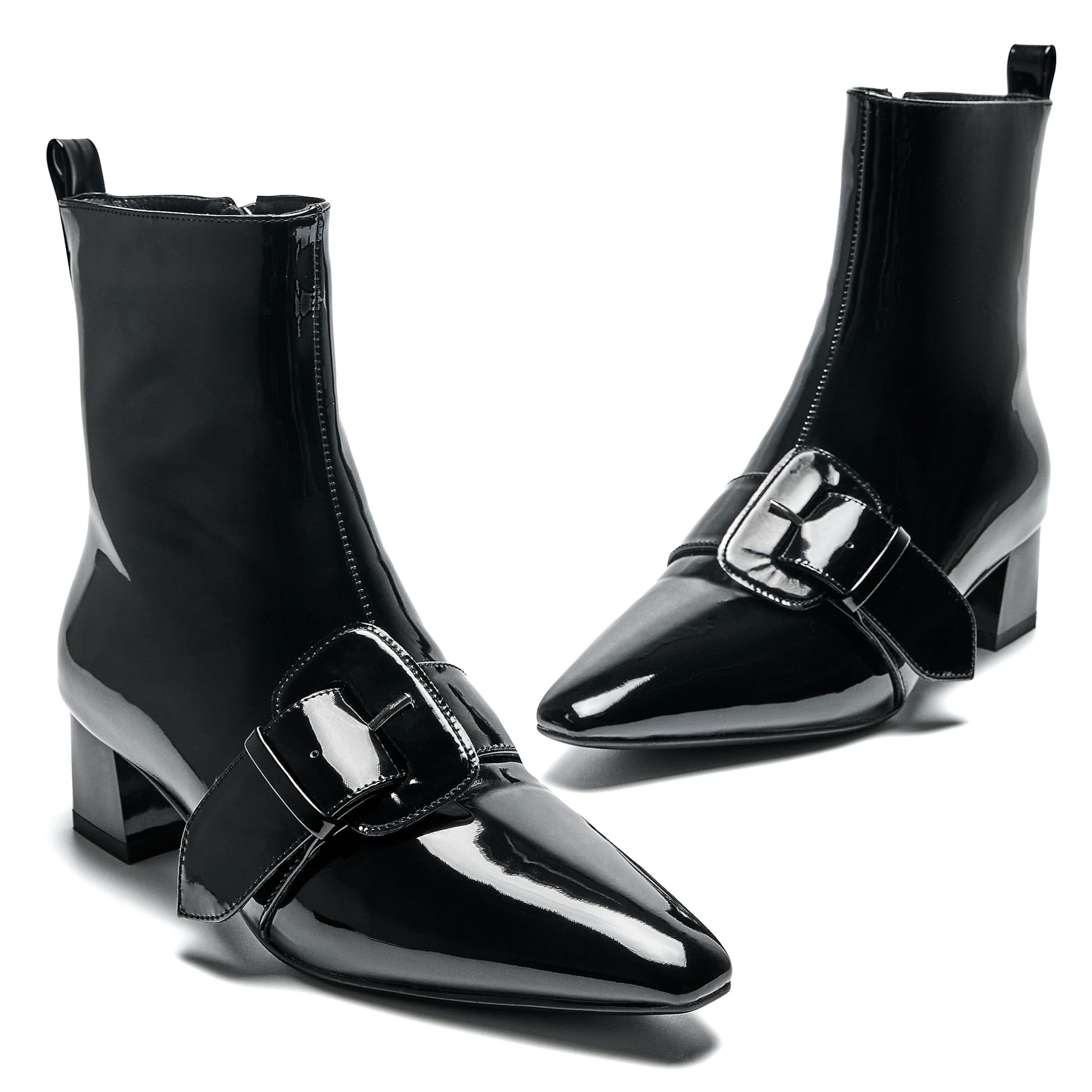 Womens Ankle Boots Chunky Heel Pointed Toe Patent Short Booties Buckle Side Zipper Low Block Heel Fashion Dress