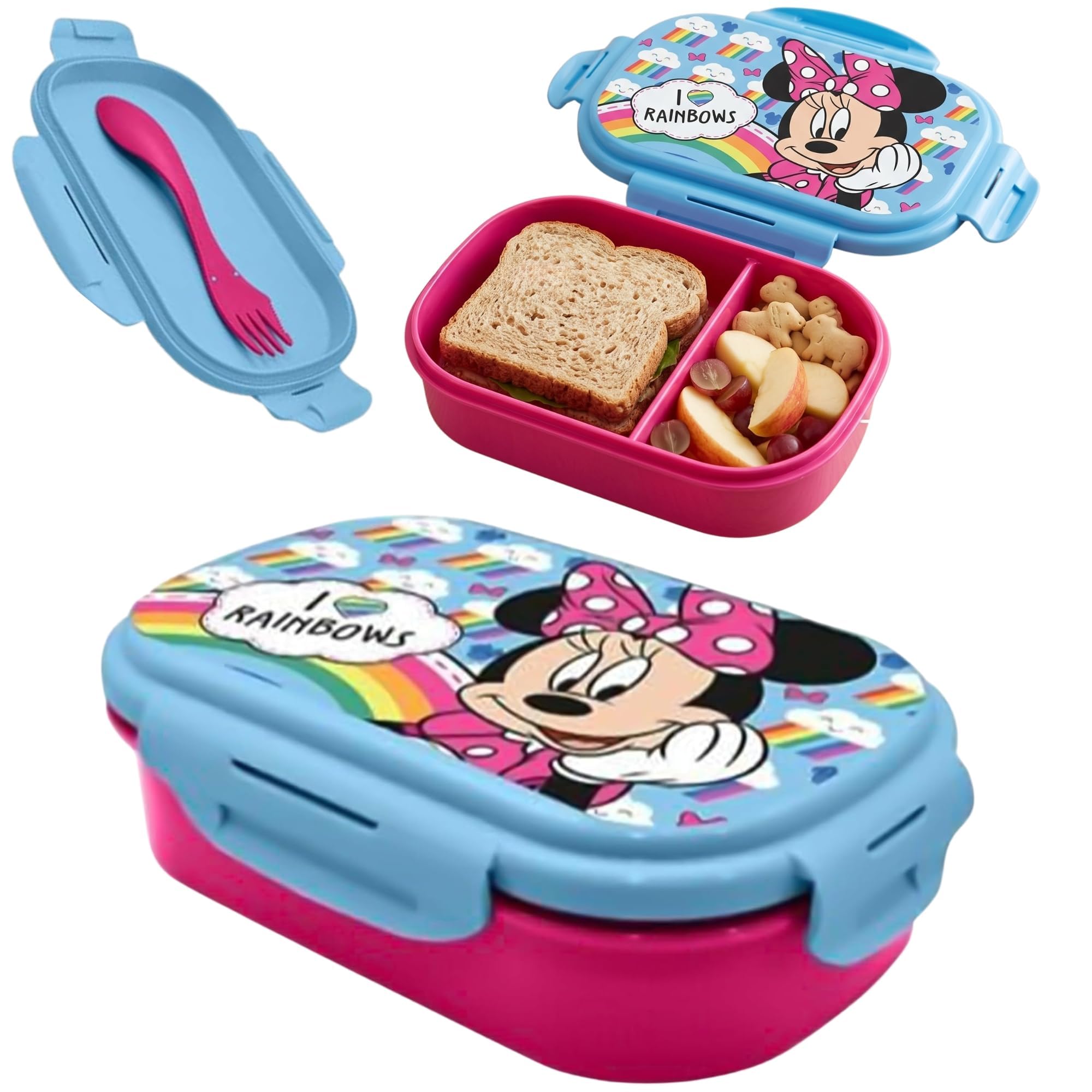 Minnie Mouse Lunch Box with Spork 2 Compartment School Lunchbox 20cm, Pink and Blue Rectangular Sandwich Snack Box with 4 Locking Clips for Girls Nursery Picnic Travel Day Trips Back to School UK