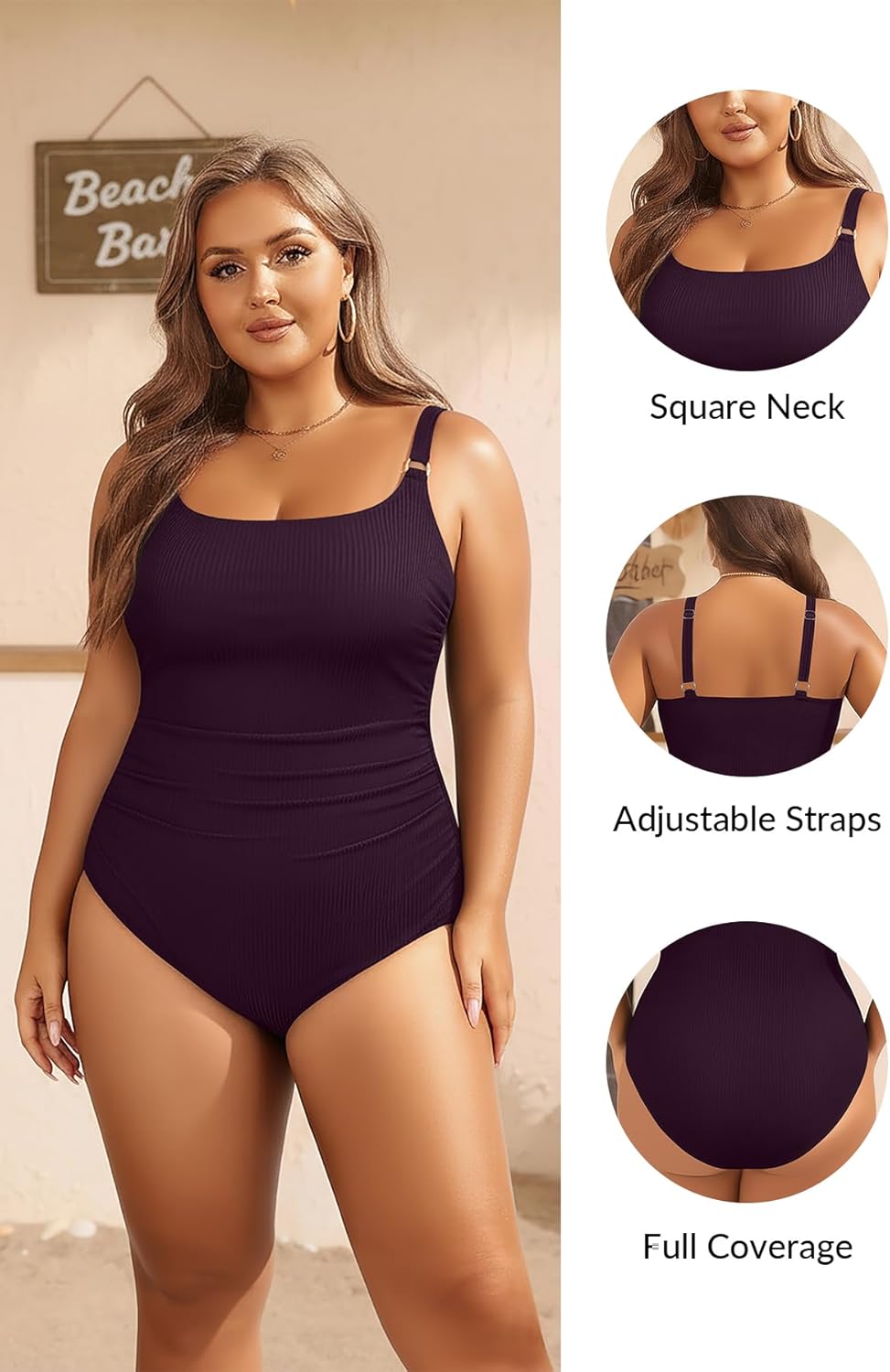 Women's Plus Size One Piece Swimsuit- Tummy Control Bathing Suit Ribbed Square Neck Swimwear 2025 - Image 4