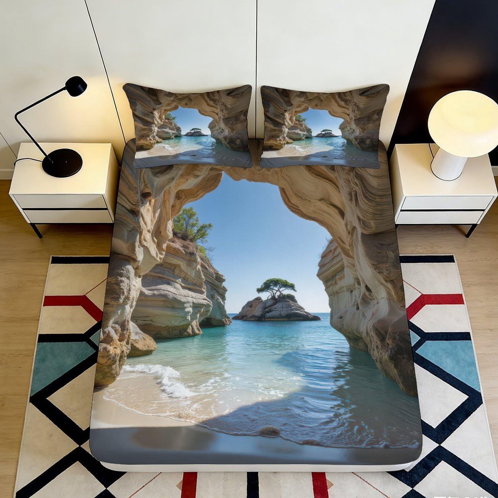 3D Printed Seaside Cave Fitted Sheet Microfiber Soft Breathable Ocean View Bed Cover for Bedroom Guest Room Decor 90x200x25cm