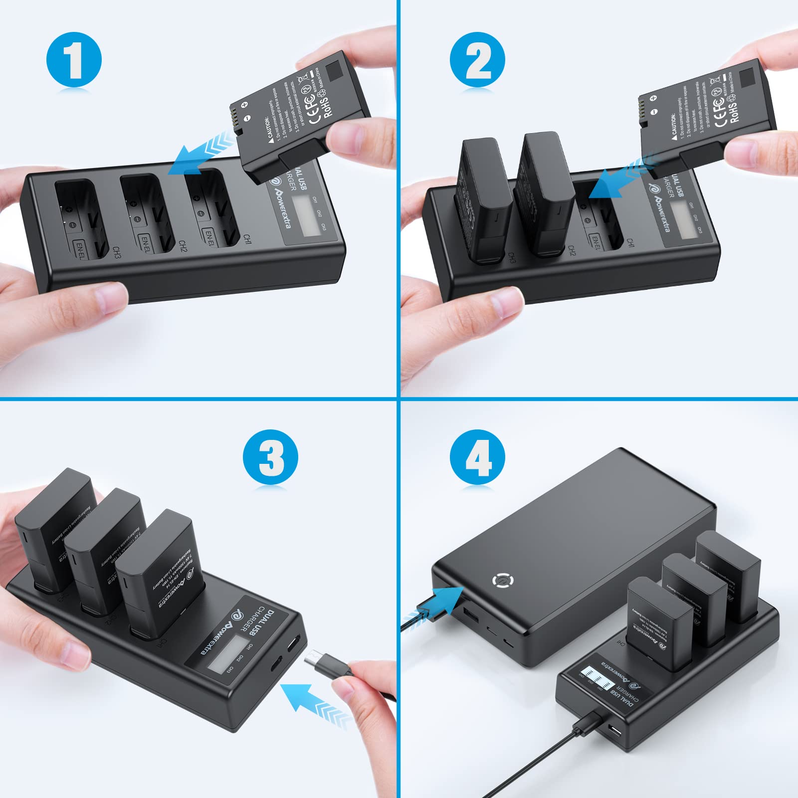Powerextra 3 x EN-EL14 EN-EL14a Battery & LCD Triple Charger Compatible with Nikon D5600 D5500 D5300 D5200 D5100 D3500 D3400 D3300 D3200 D3100 Df Coolpix P7800 P7700 P7200 P7100 P7000