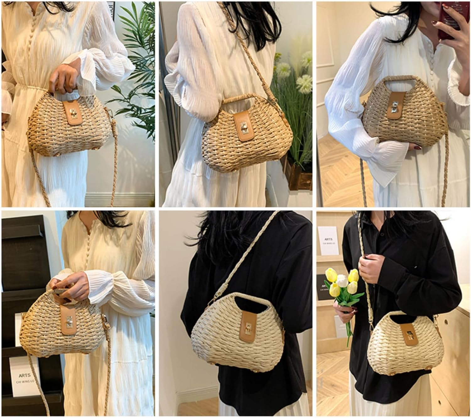 Handmade Straw Woven Bag Beach Clutch Purses Women Vacation Shell Shoulder Crossbody Summer Dumpling Handbag Basket Tote
