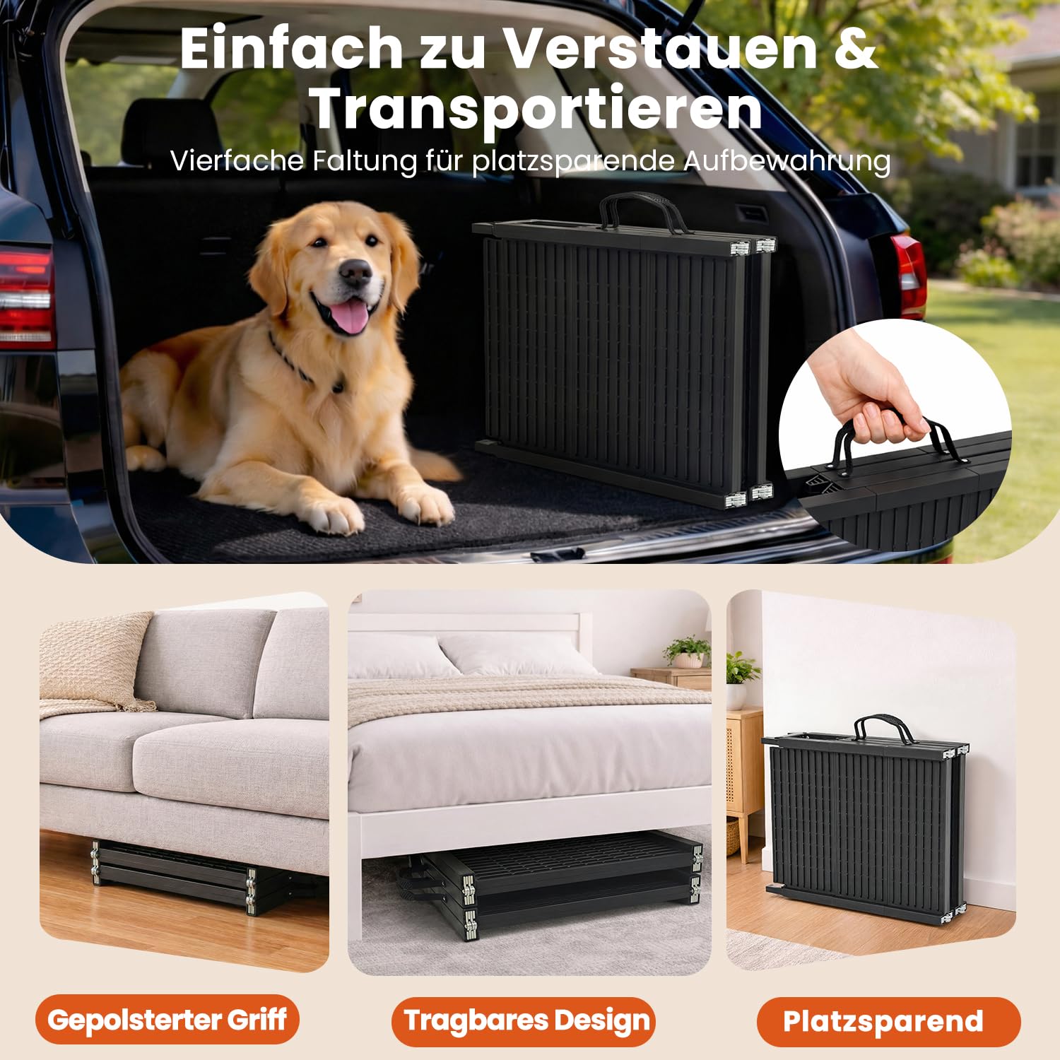 Hundeautorampe 170 x 41 cm,Extralange klappbare Hundetreppe mit Rutschfester Oberfläche, Schwerlast bis 220 lb, tragbare Haustierrampe für SUV, LKW, Bett & Sofa, für mittelgroße & große Hunde