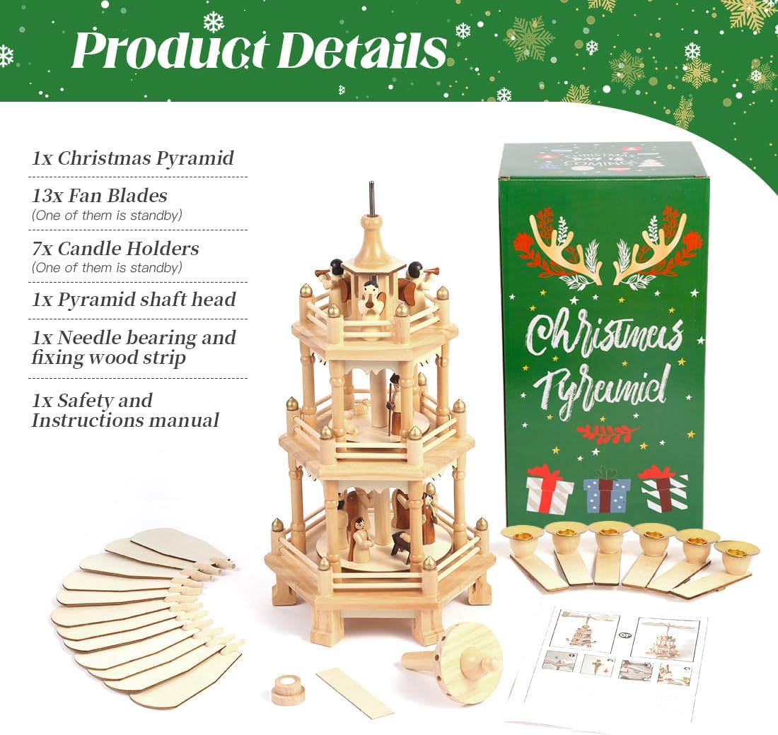 Christmas Pyramids with 6 Candler Holders-18 Inches-3 Tiers Carousel-Wood Nativity Scene Set