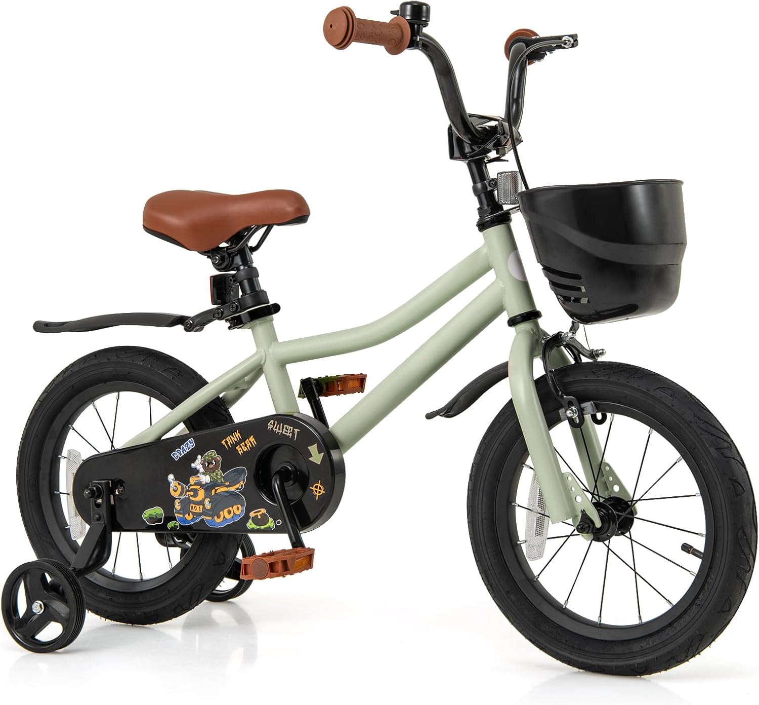 BABY JOY Kids Bike, 12" 14" 16" 18" Tank Bear DIY Children's Bicycle with Training Wheels, Storage Basket, Adjustable Handlebar & Seat, Handbrake & Coaster Brake, Girls Boys Bike