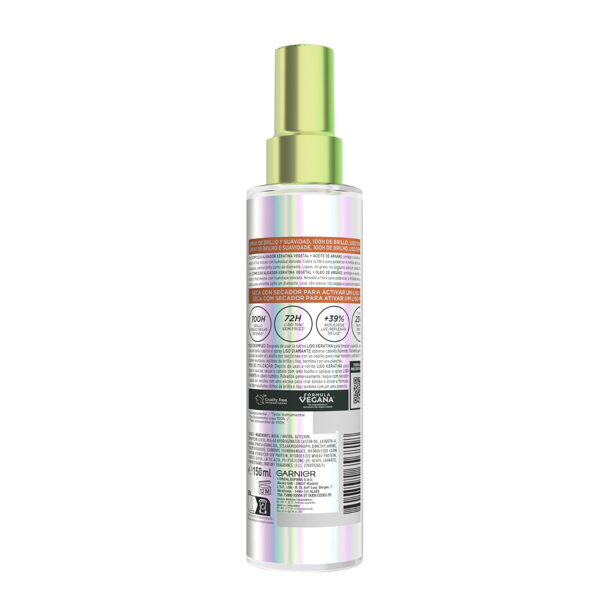 2 x Garnier Fructis Liso Diamante Spray de Brillo y Suavidad, 100H de Brillo Intenso*, Liso sin Frizz. Con complejo alisador de keratina vegetal y aceite de argán. Aprobado por Cruelty 150ml