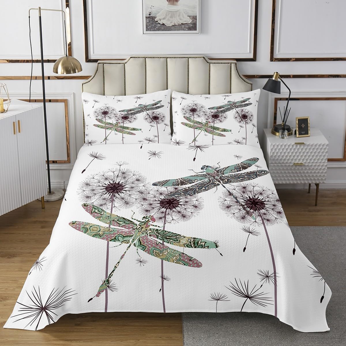 Dragonfly Gifts For Women, Dandelion Floral Quilt Set Queen, Dragonflies Flying Animals Bedspread Set For Lady Girls, Botanical Blossom Petal Coverlet Set, Colorful Dragonfly Wings Bed Set All Season
