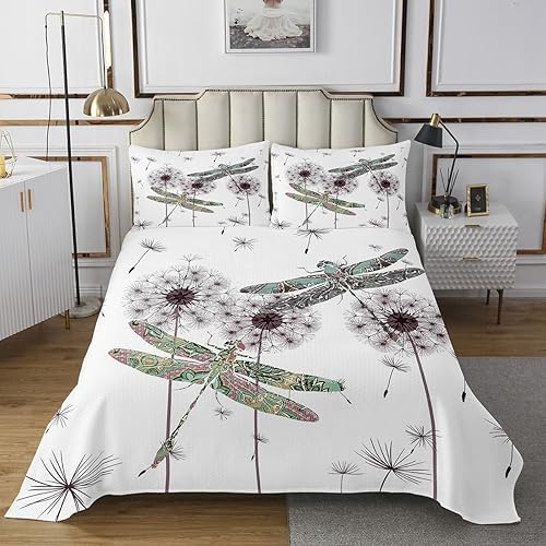Regalos de libélula para mujer, juego de edredón floral de diente de león, tamaño King, juego de colcha de animales voladores de libélulas para