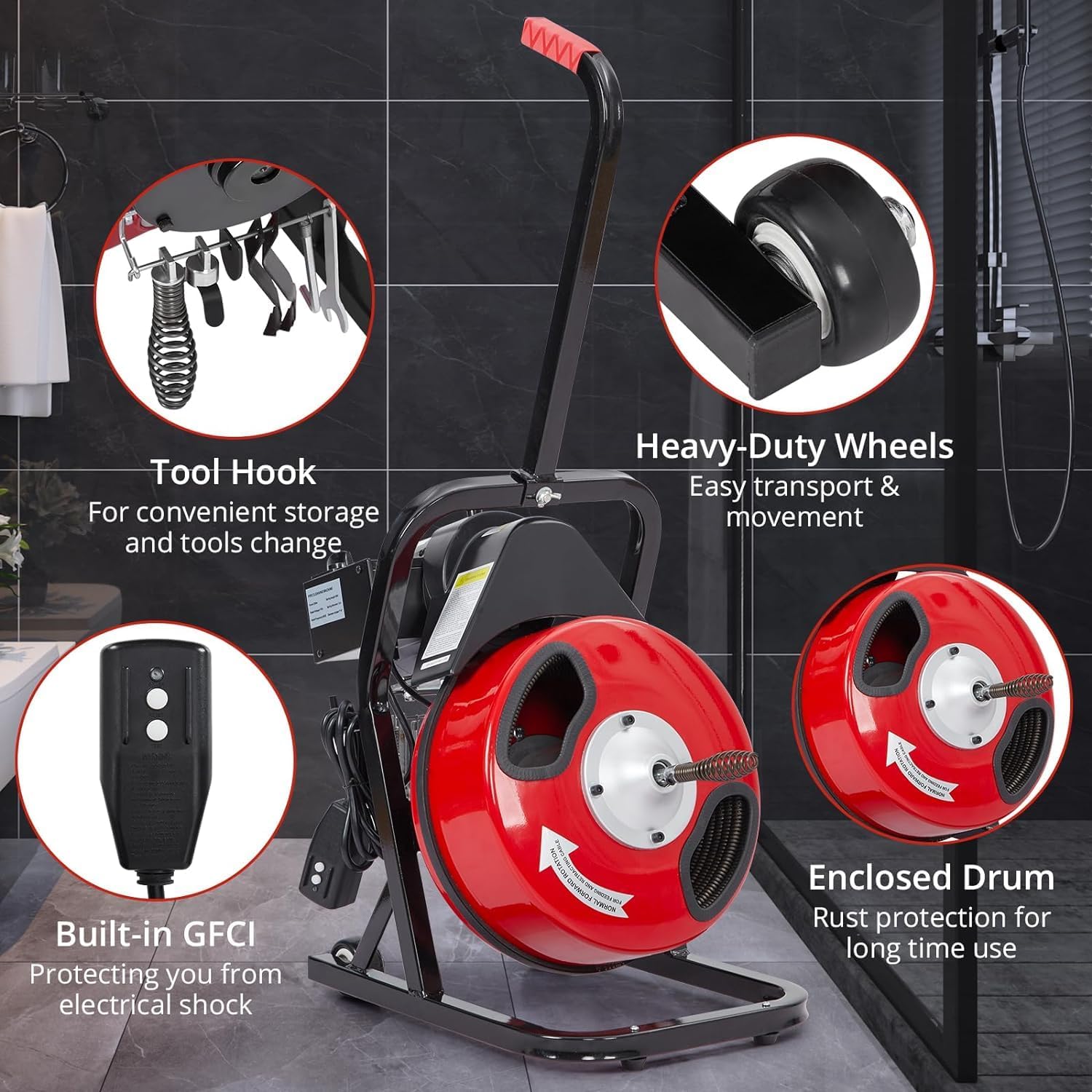 Drain Cleaning Machine, 50FT x 1/2 Inch Professional Electric Drain Auger with 4 Cutters & Foot Switch and Pair of Gloves for 1 to 4 Inch Pipes, Red, Black