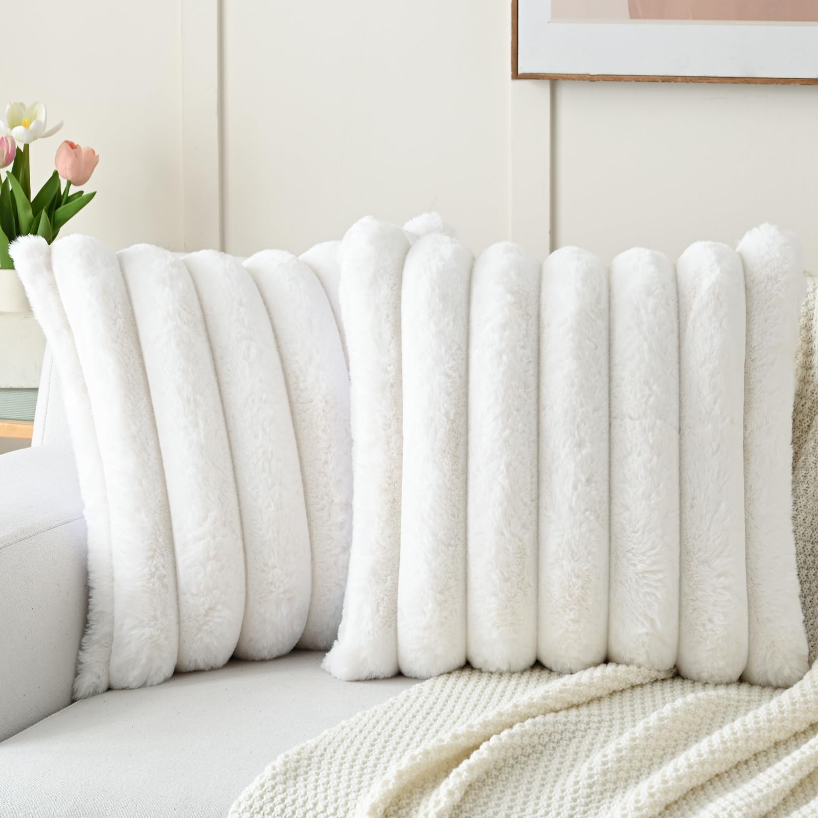 FUTEI Set of 2 Fluffy Faux Rabbit Fur Cushion Covers 40 x 40 cm,Cream White — image 1