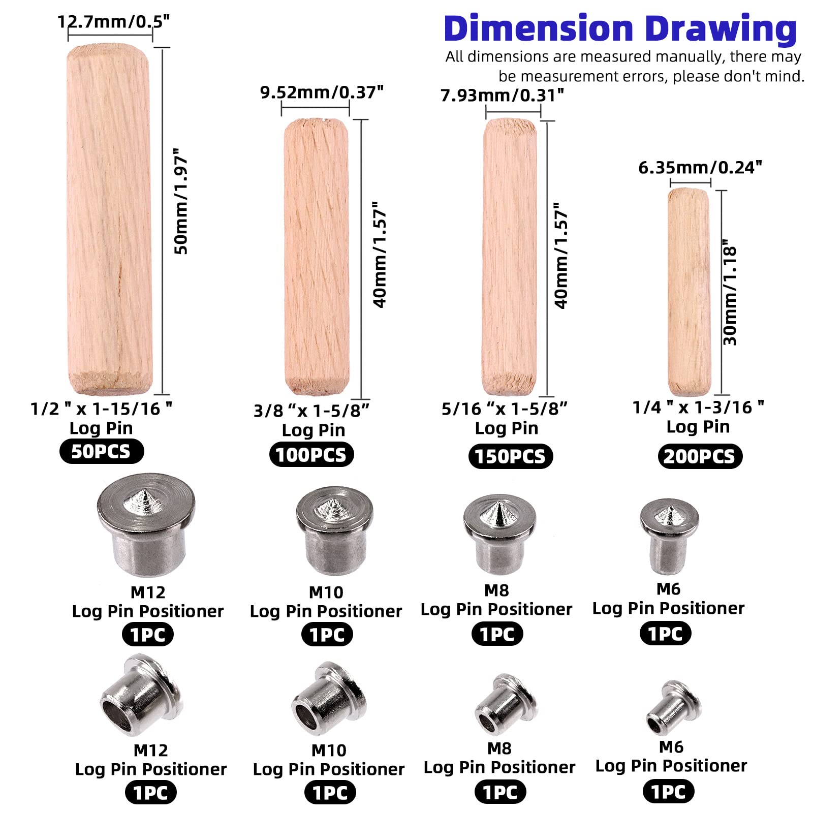 Glarks Set di 508 Tasselli in Legno da 1/4", 5/16", 3/8", 1/2", Estremità Smussate, Scanalati e Cavi Solidi per Tenone, Mobili, Progetti Artistici