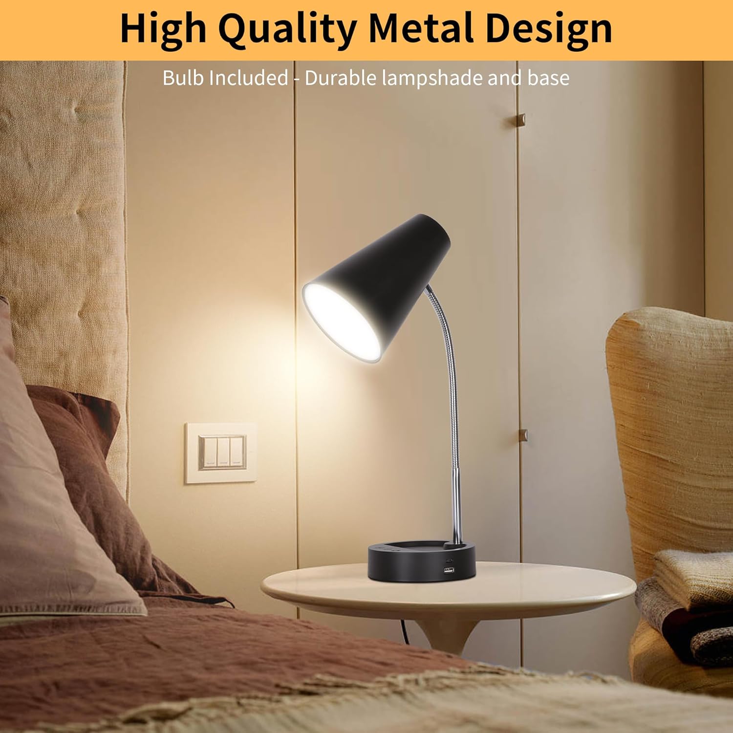 RUNTOP Desk Lamp, Black Desk Lamps for Home Office, LED Desk Light with USB Port and Type C Port, 5 Brightness Levels, 5 Color Temperatures, Flexible Gooseneck Desk Lamp, Table Lamp for Reading Study