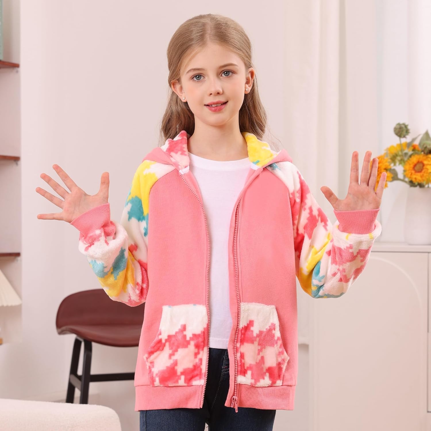 v.&grin girl zip up hoodie sweatshirt soft fuzzy fleece jacket with pocket for girls 5-16 years 15-16 years pink houndstooth