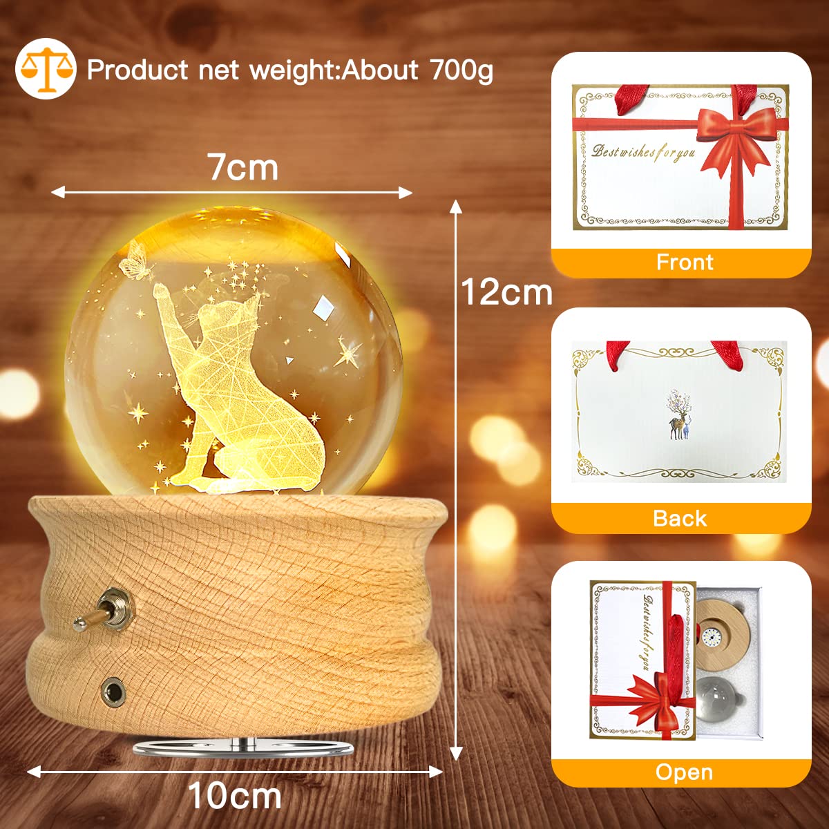 Musica Natalizia BUOTAU Carillon In Legno Con Sfera Di Cristallo, Girevole A 360°, Con Luce, Regalo Di Compleanno, Funzione Di Proiezione Con Illuminazione, Lampada A LED, Regalo Di San Valentino, Anniversario Sfera