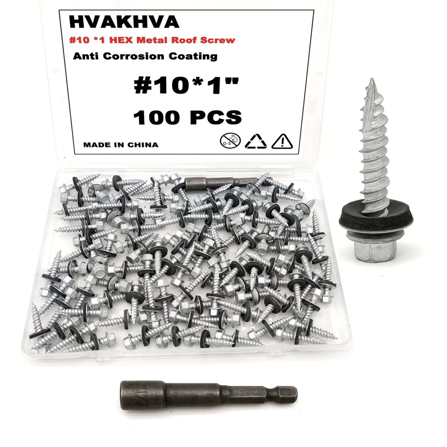 Metal Roof Screws #10 x 1 inch, 100 Pack with Magnetic Hex Bit, Anti-Corrosion Coating