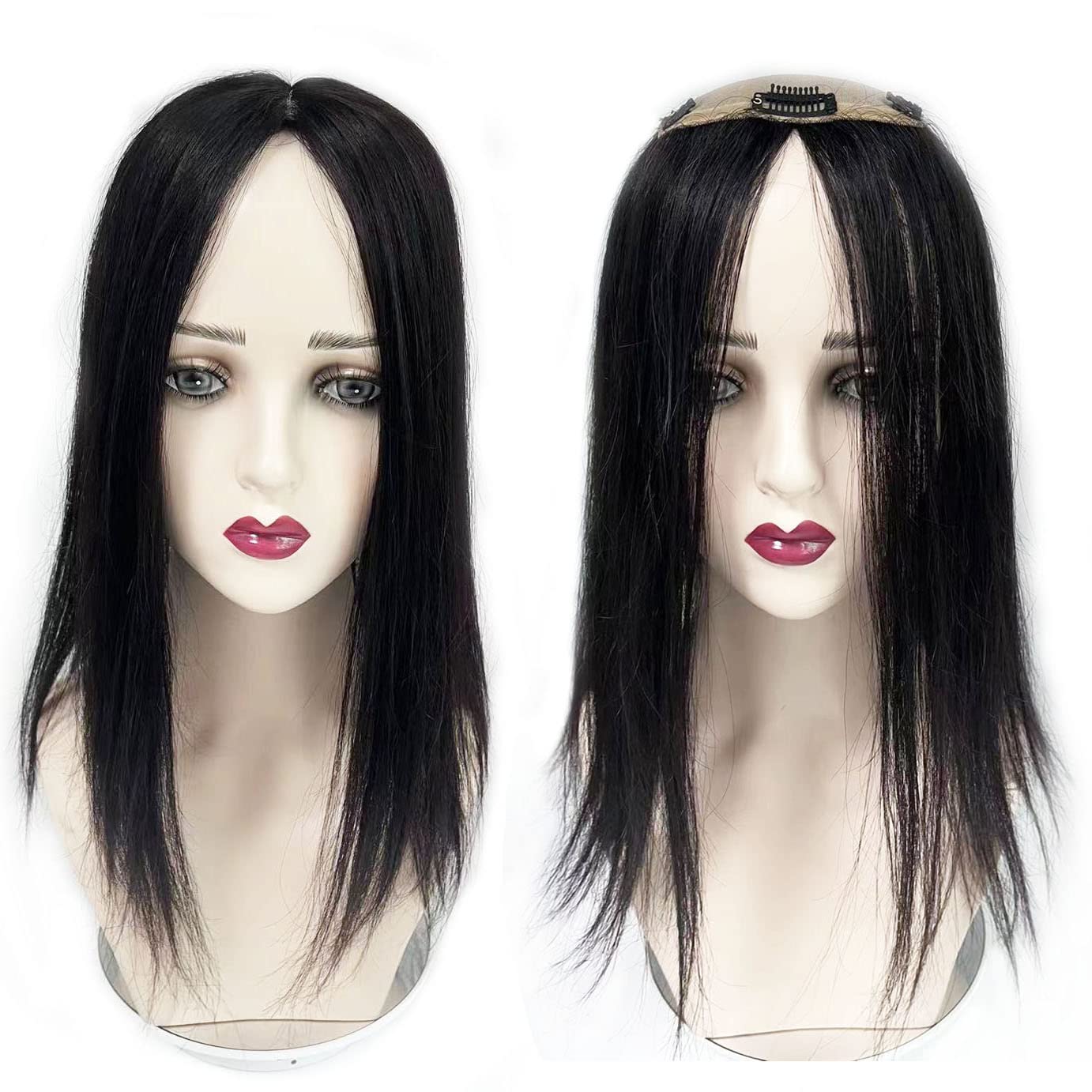 14Inch Straight Hair Topper 12x13cm Silk Base with PU Edge Around Top Hair Pieces Clip in Human Hair Topper Wiglets Hairpieces for Thinning Hair Natural Black Color