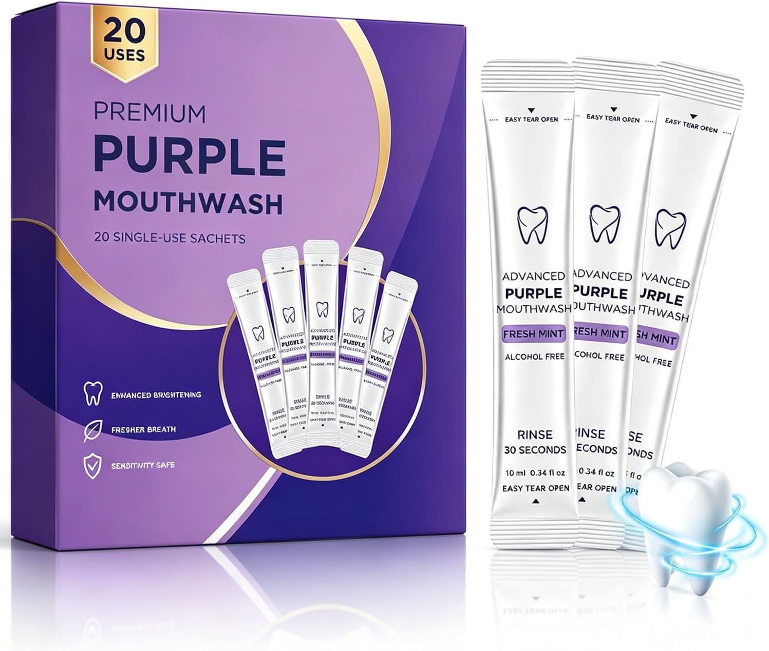 Purple Mouthwash Whitening Sachets for Teeth, Color Correcting Mouthwash Packets Alcohol & Peroxide Free, Fresh Mint Travel Size Individual Mouth Rinse for Fresh Breath&Brighter Smile (20 Count,1Box)