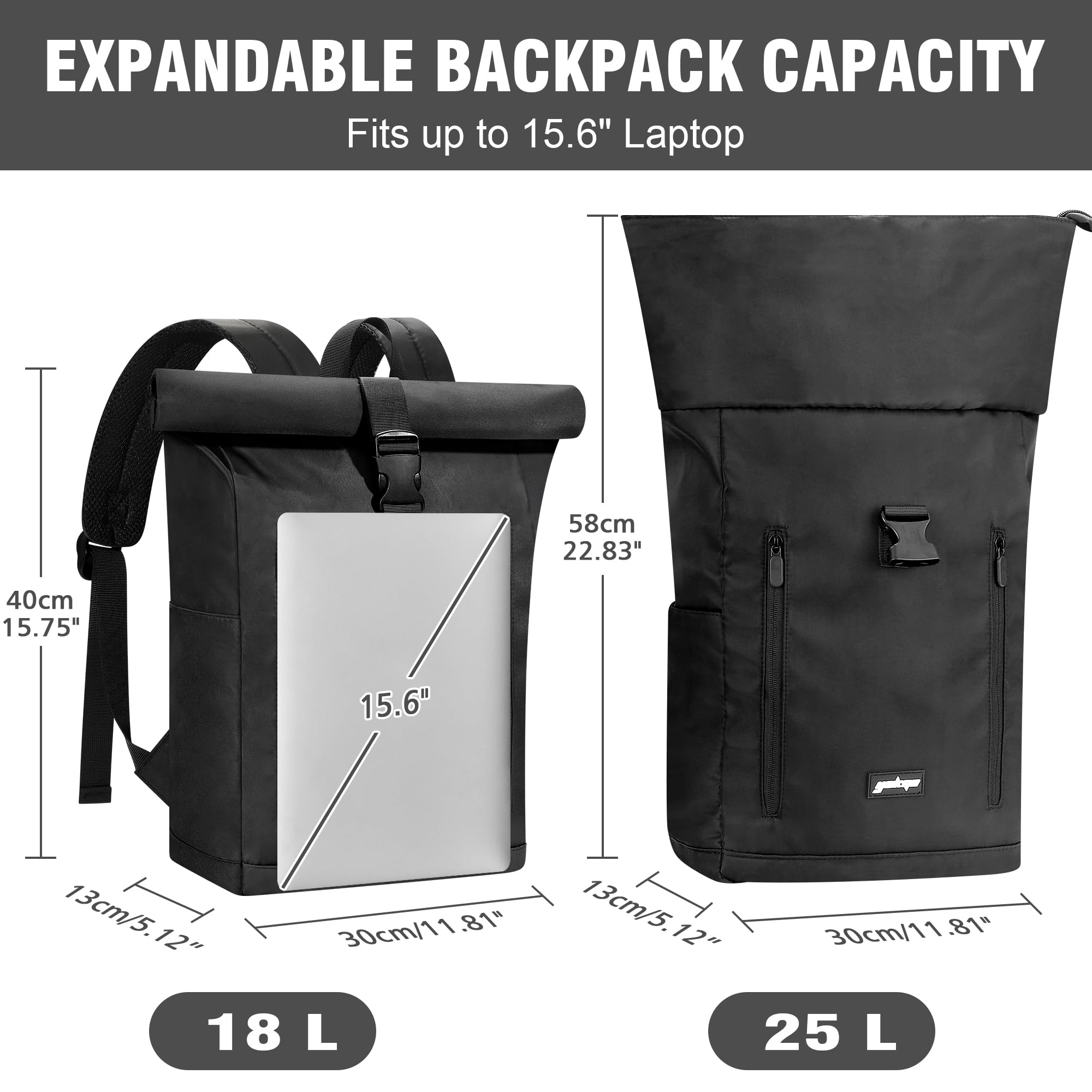 Zaino da Viaggio, Zaino Rolltop Backpack per Laptop Porta PC 15,6 Pollici, Zaino Università Zaini Antifurto Espandibile 18-25L per Donne Uomini Zainetto Daypack Casual per scuola, Lavoro Nero
