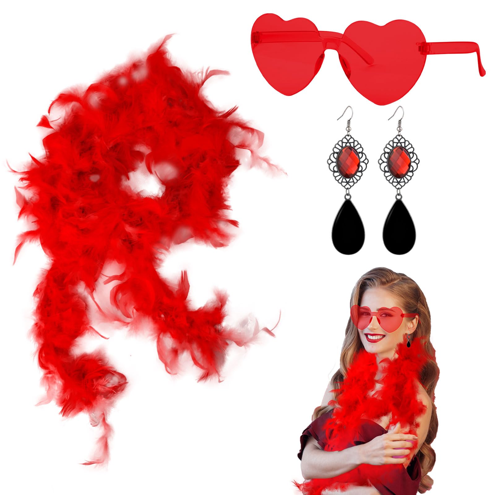 GWAWG 3 Pcs Feather Boa Set, 2 m Colourful Feather Boa with Heart Glasses and Red Earrings, Red Fluffy Boas