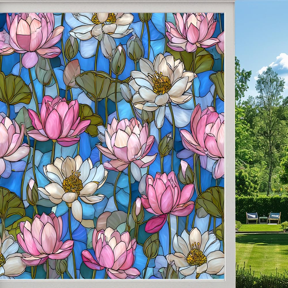 Colorful Lotus Privacy Window Film, Spring Garden Floral Scenery Frosted Self-Adhesive Vinyl Cling for Glass Doors Bathroom Windows Sun Blocking Heat Control, （55x120cm）