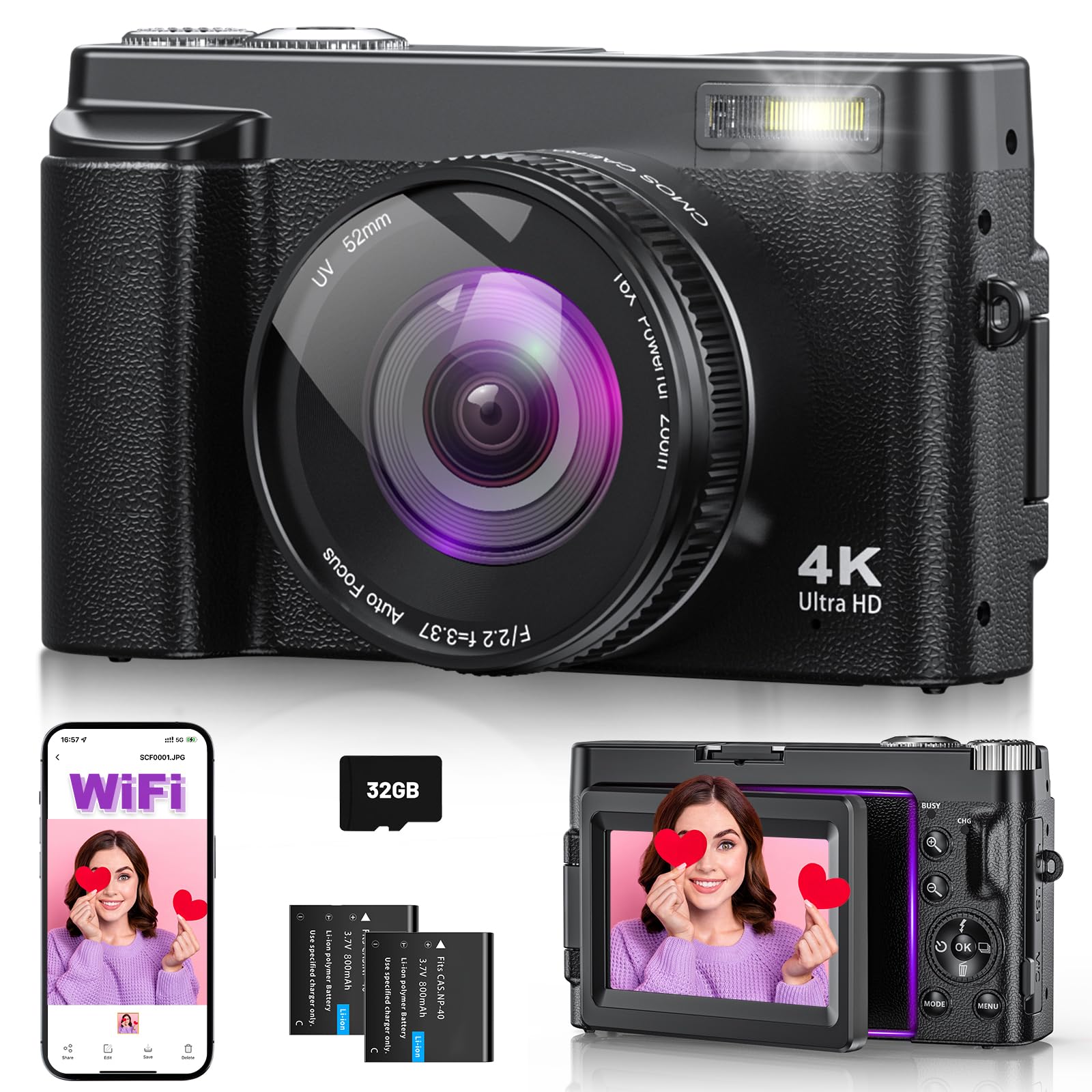 4K 64MP Digitalkamera mit WLAN und Autofokus, 3" 180° Klappbildschirm, Kompaktkamera mit 32GB Karte, Ladestation und 2 Akkus,Fotokamera ideal für Anfänger