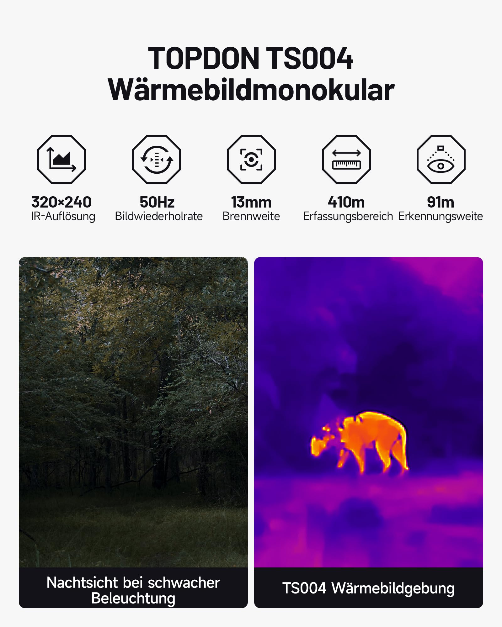 TOPDON TS004 wärmebildkamera Jagd, 320x240 TISR Wärmebild-Monokular 13mm, 50Hz, 11H Akkulaufzeit, 32GB Speicher, für Jagd, Nachtsicht-Outdoor-Erkundung, Wildbeobachtung