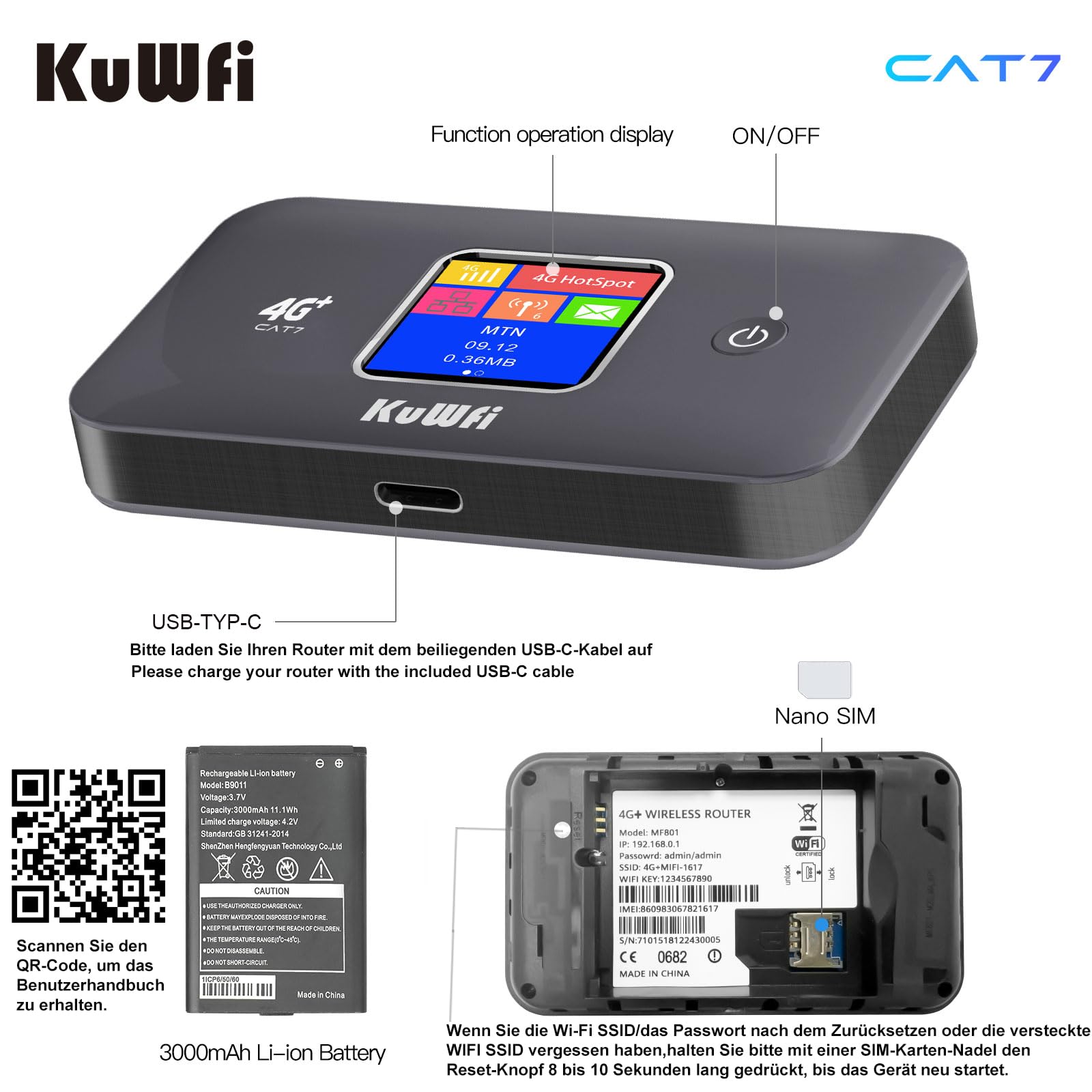 KuWFi Router WiFi 4G CAT7, 300Mbps, Dual Band, SIM, 3000mAh