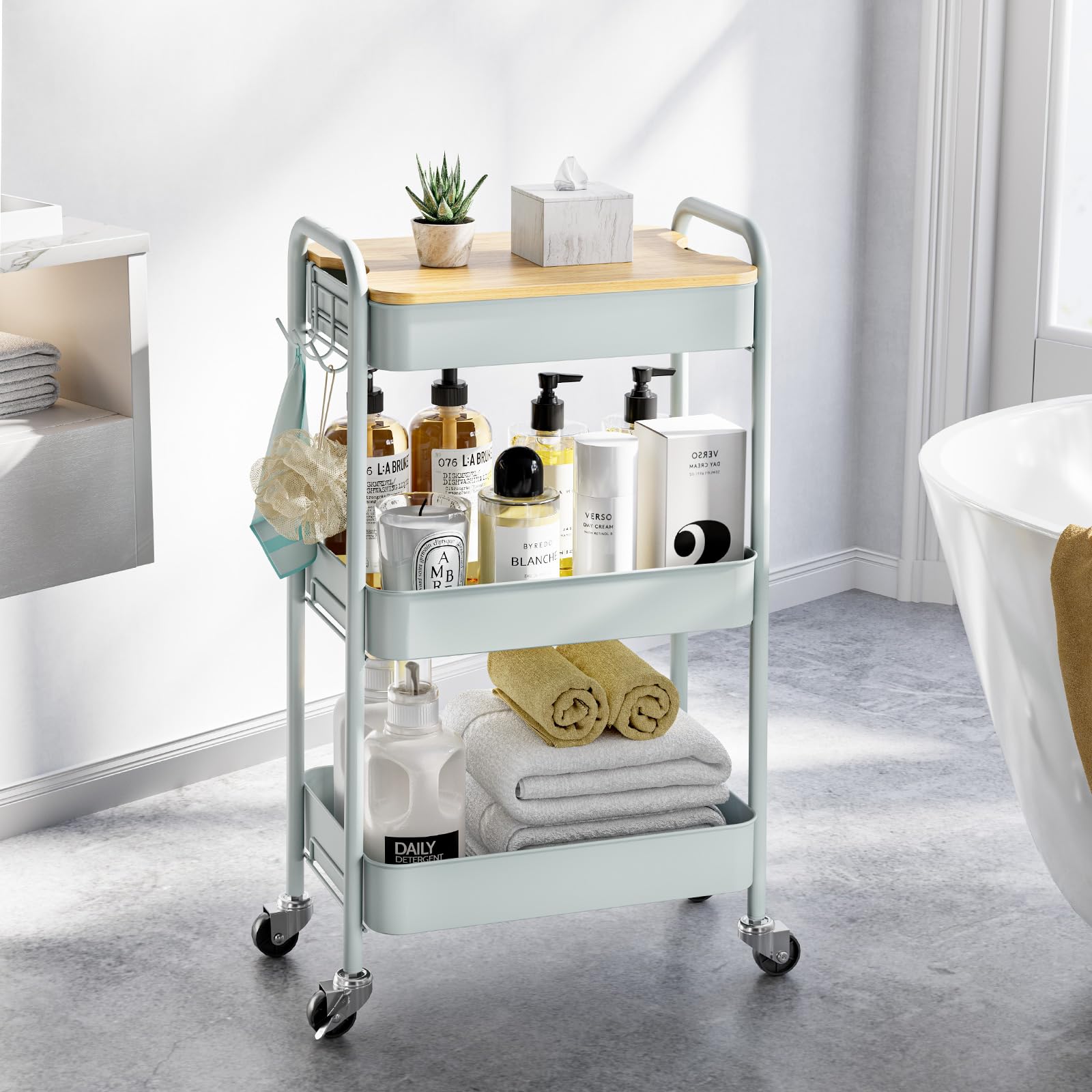 kingrack Chariot à roulettes à 3 niveaux, chariot utilitaire en métal avec plateau en bois amovible, chariot de rangement pour loisirs créatifs, chariot de service facile à assembler, vert