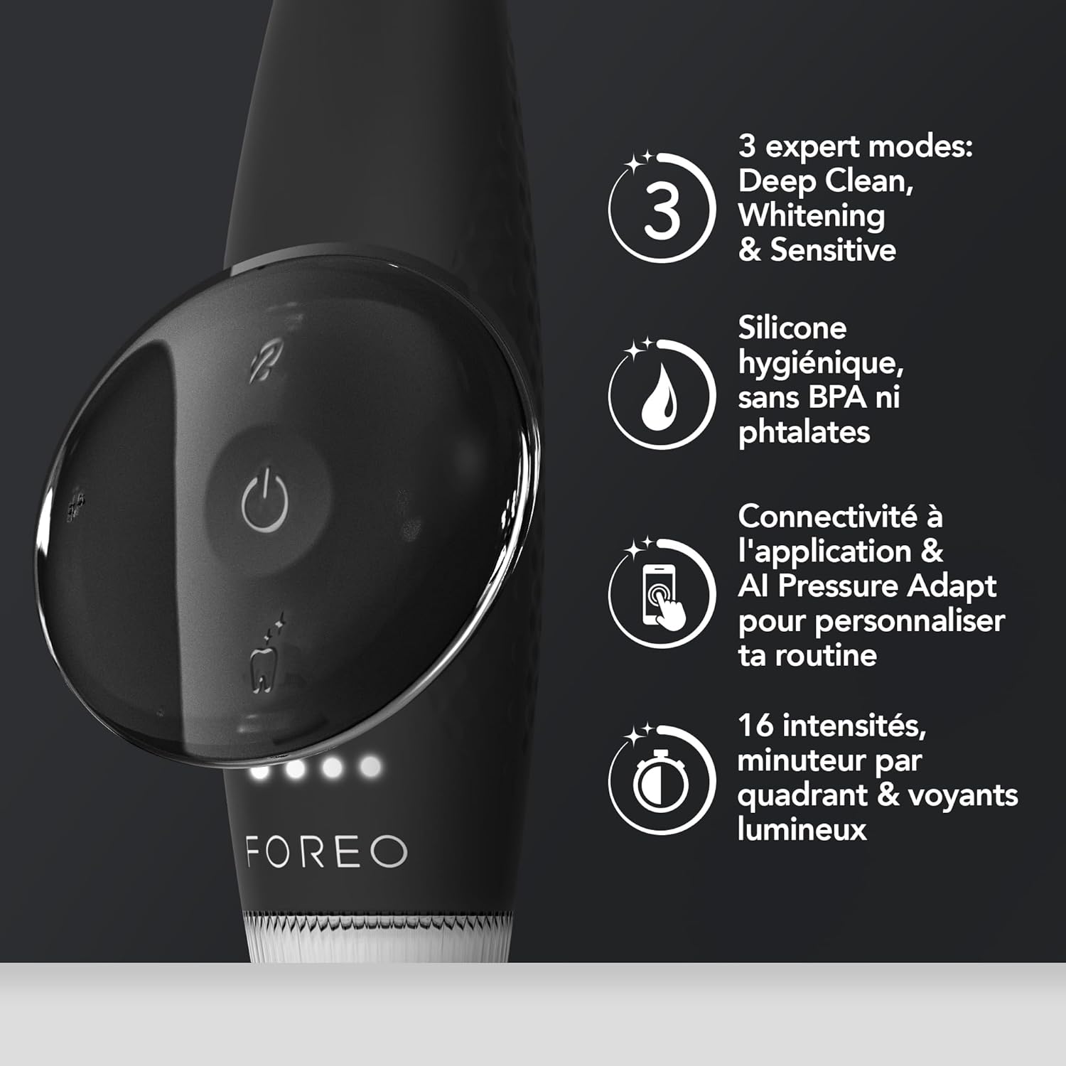 FOREO ISSA 4 Plus Sonic Electric Toothbrush - 4-in-1 AI-Guided Rechargeable Toothbrush Bundle with Extra Silicone & Polymer Hybrid Brush Head, Soft Bristles, Whitening Teeth - Black