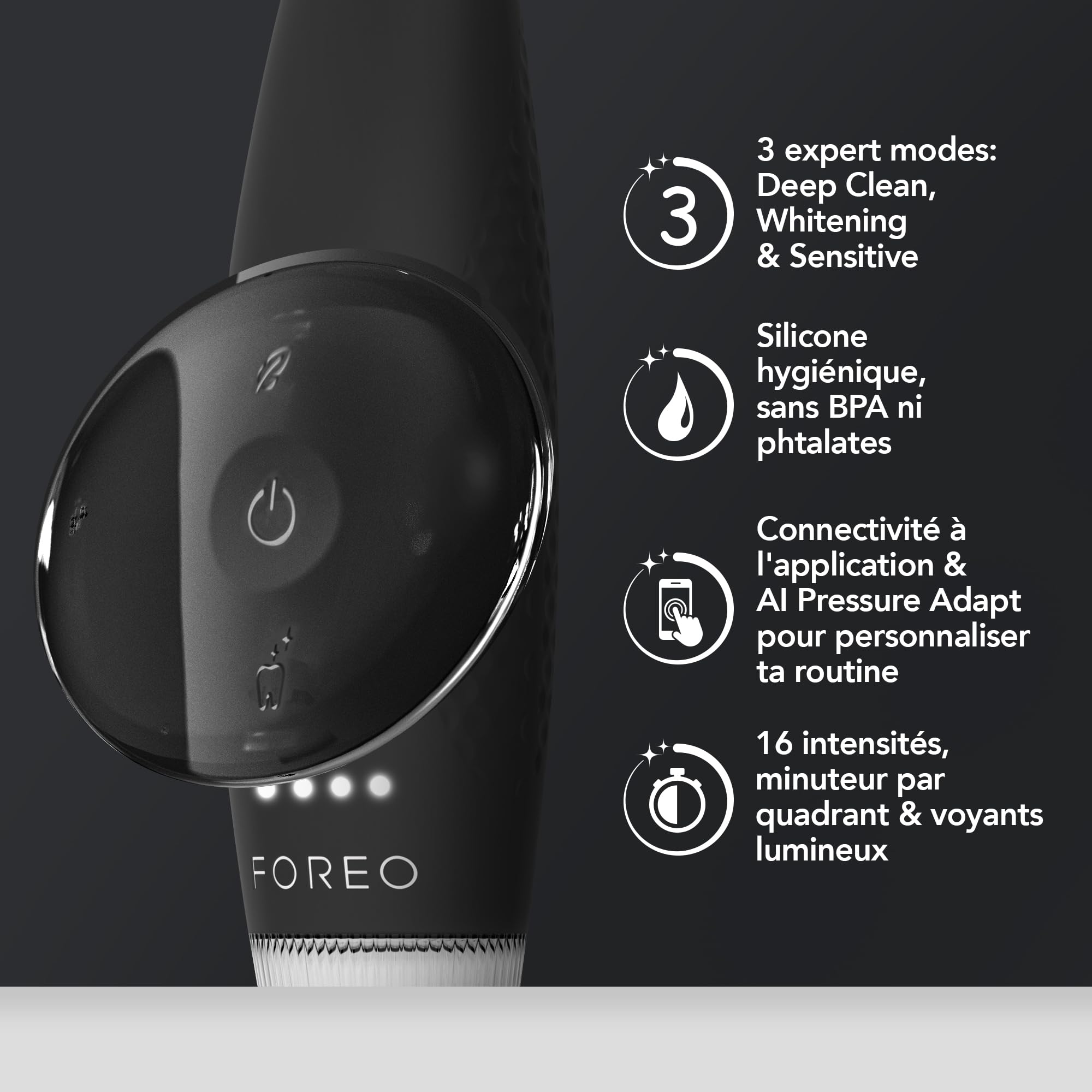 FOREO ISSA 4 Plus Sonic Electric Toothbrush - 4-in-1 AI-Guided Rechargeable Toothbrush Bundle with Extra Silicone & Polymer Hybrid Brush Head, Soft Bristles, Whitening Teeth - Black