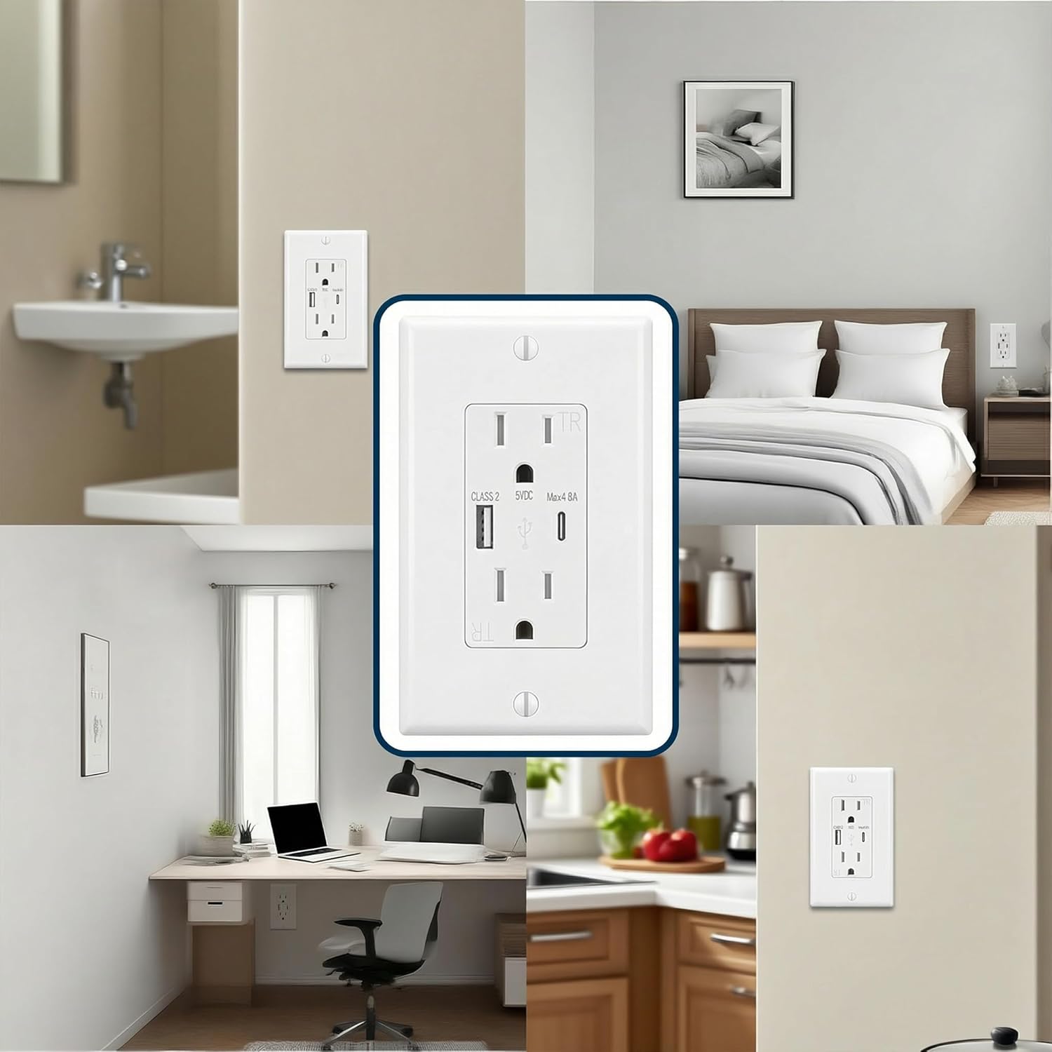 15Amp USB Outlet, Tamper-Resistant Receptacle with USB-A & USB-C Charging Ports (5V/4.8A), ETL Listed,Wall Plate Included, White, 10 Pack