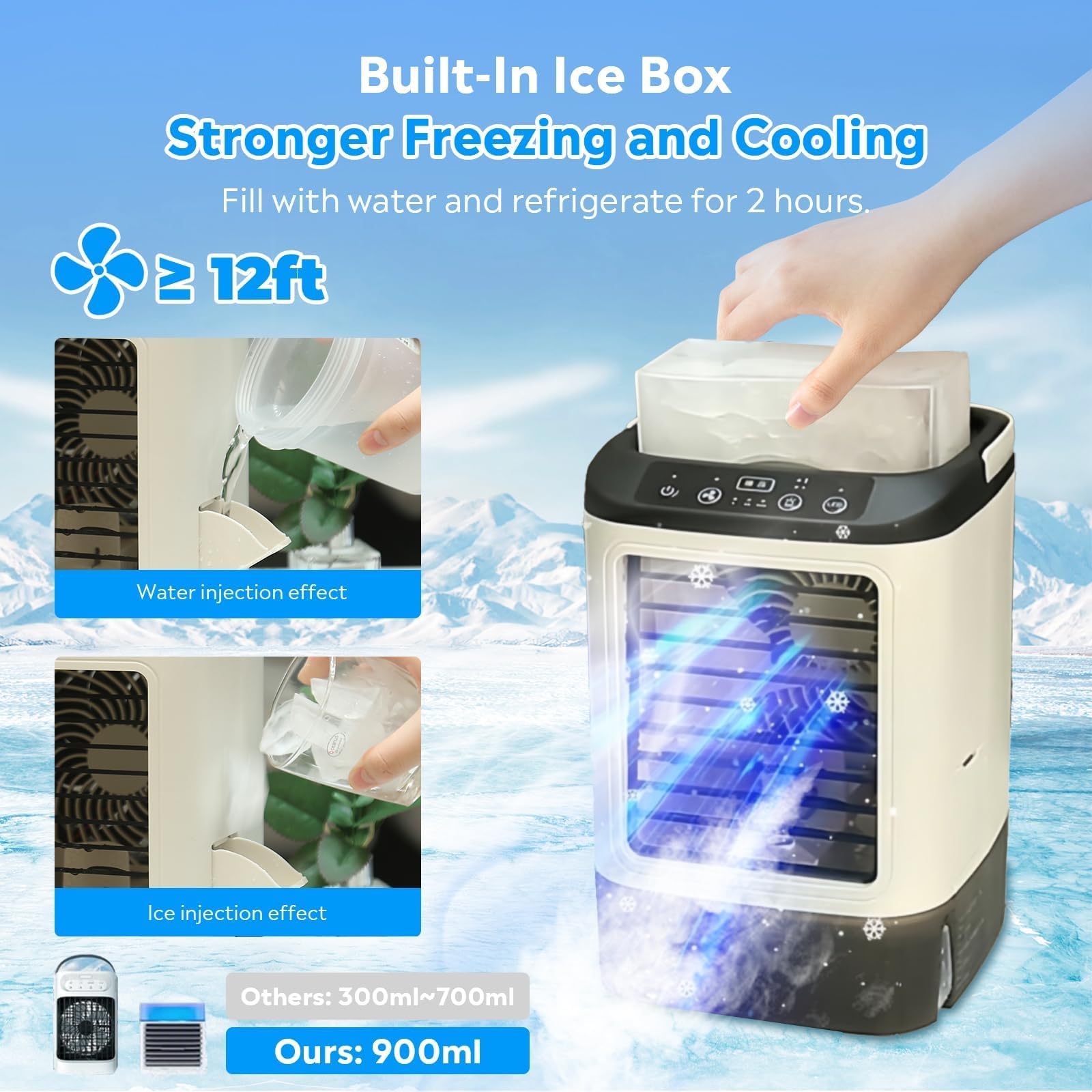 Raffrescatore D'aria Evaporativo Portatile, Ventilatore 4 In 1 Con Contenitore Per Il Ghiaccio, Serbatoio Dell'acqua Da 900 Ml, 2 Livelli Di Nebulizzazione, 3 Velocità E Modalità Boost