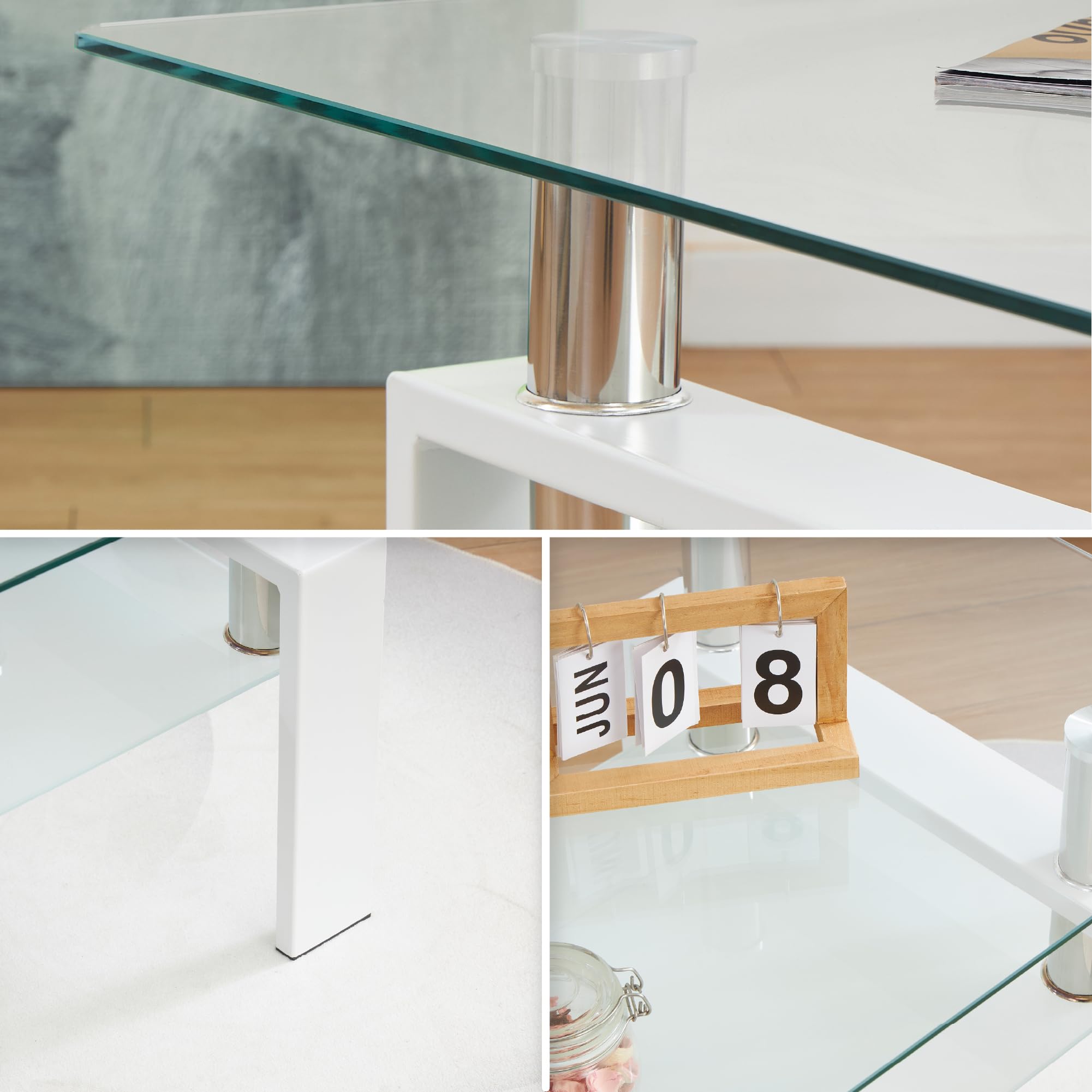 Mesa de Centro 100 x 60 x 44 cm Porter, Mesa de Cafe Rectangular con Vidrio Templado Transparente 6 mm y Estructura Blanca, diseño Elegante, para salón y Zona Lounge