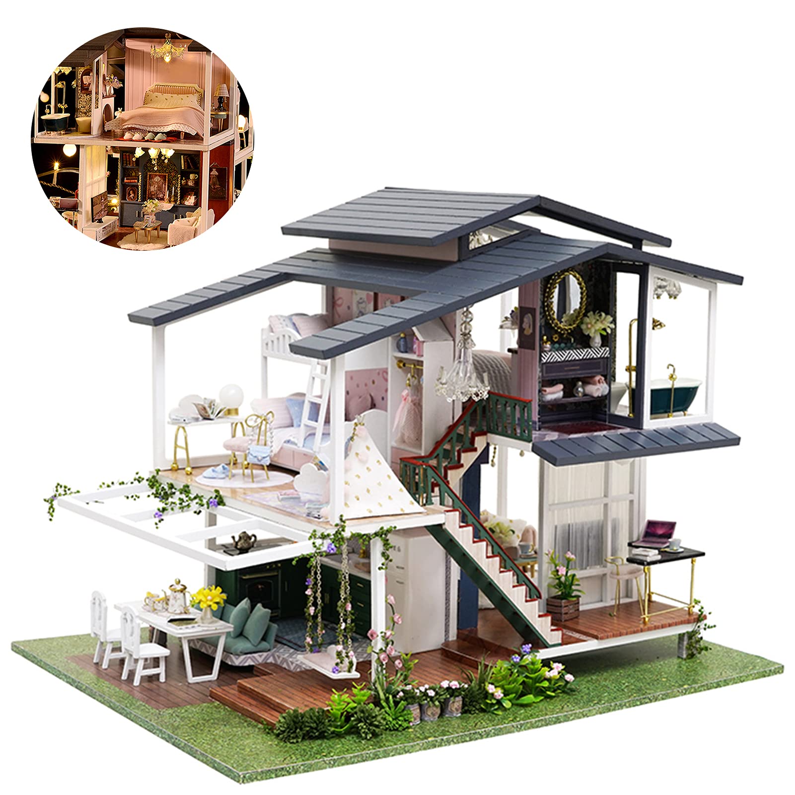 Diyeeni Romantyczny Drewniany Domek dla Lalek Miniaturowy 3D Zestaw do Samodzielnego Budowania w Skali 1:24 Trzypiętrowa Willa z Oświetleniem LED, Rękodzieło na Prezent dla Dorosłych