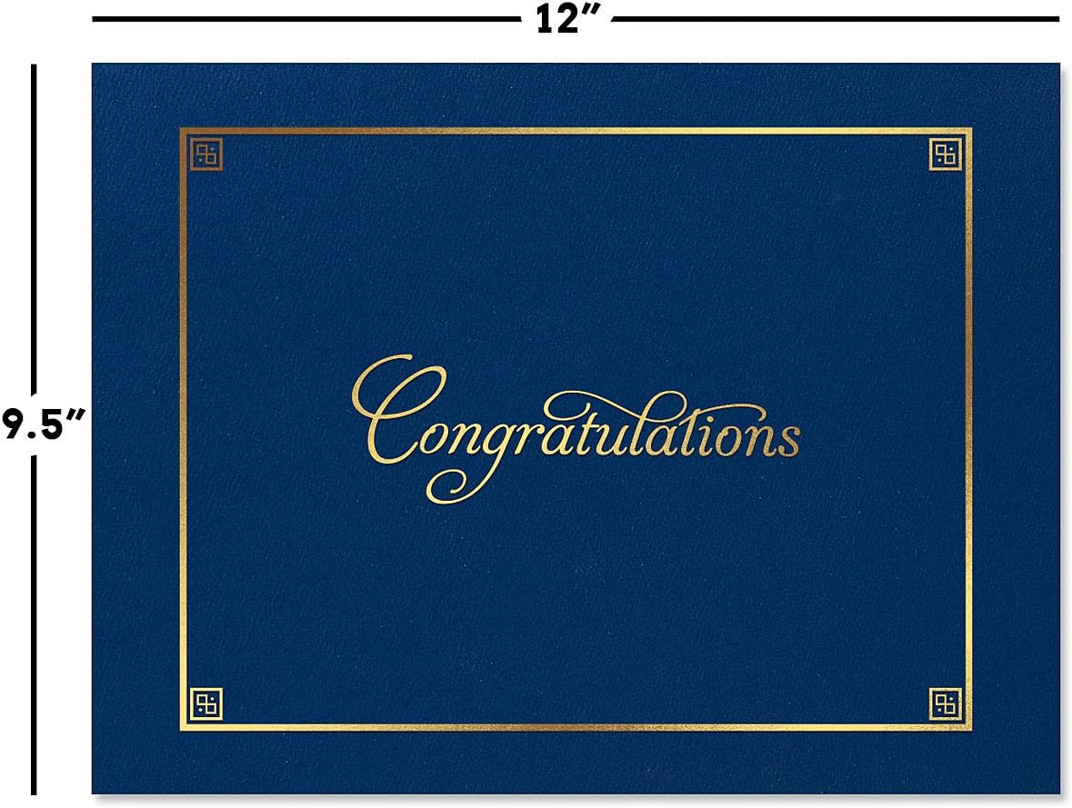 Congratulations Blue & Gold Certificate Folders - Pack of 25, Linen Cover 80 lb. Stock, Folded, Die-Cut Corners, for Office, Business Awards, Graduation, School Diploma Holder, 9-1/2" x 12"