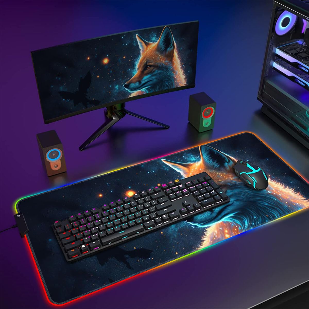 Tappetino per mouse RGB, luce LED, tappetino per mouse con base in gomma, colorato per computer, tappetino da scrivania per PC e laptop, volpe neon, 40 x 90 cm
