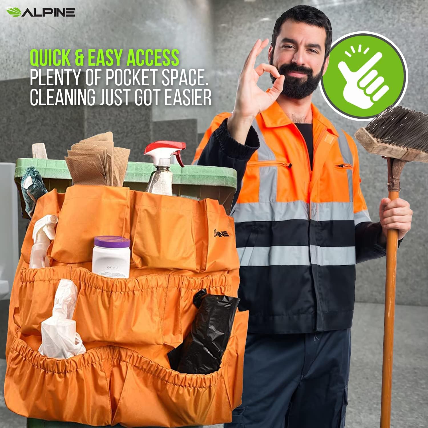 Alpine Trash Can Caddy Bag - 12 Pockets Commercial Cleaning Caddy Bag for Brute & all Industrial Trash Cans & Garbage Bins - Heavy Duty Washing Machine Friendly Yellow Trash Can Caddy Bag with Straps