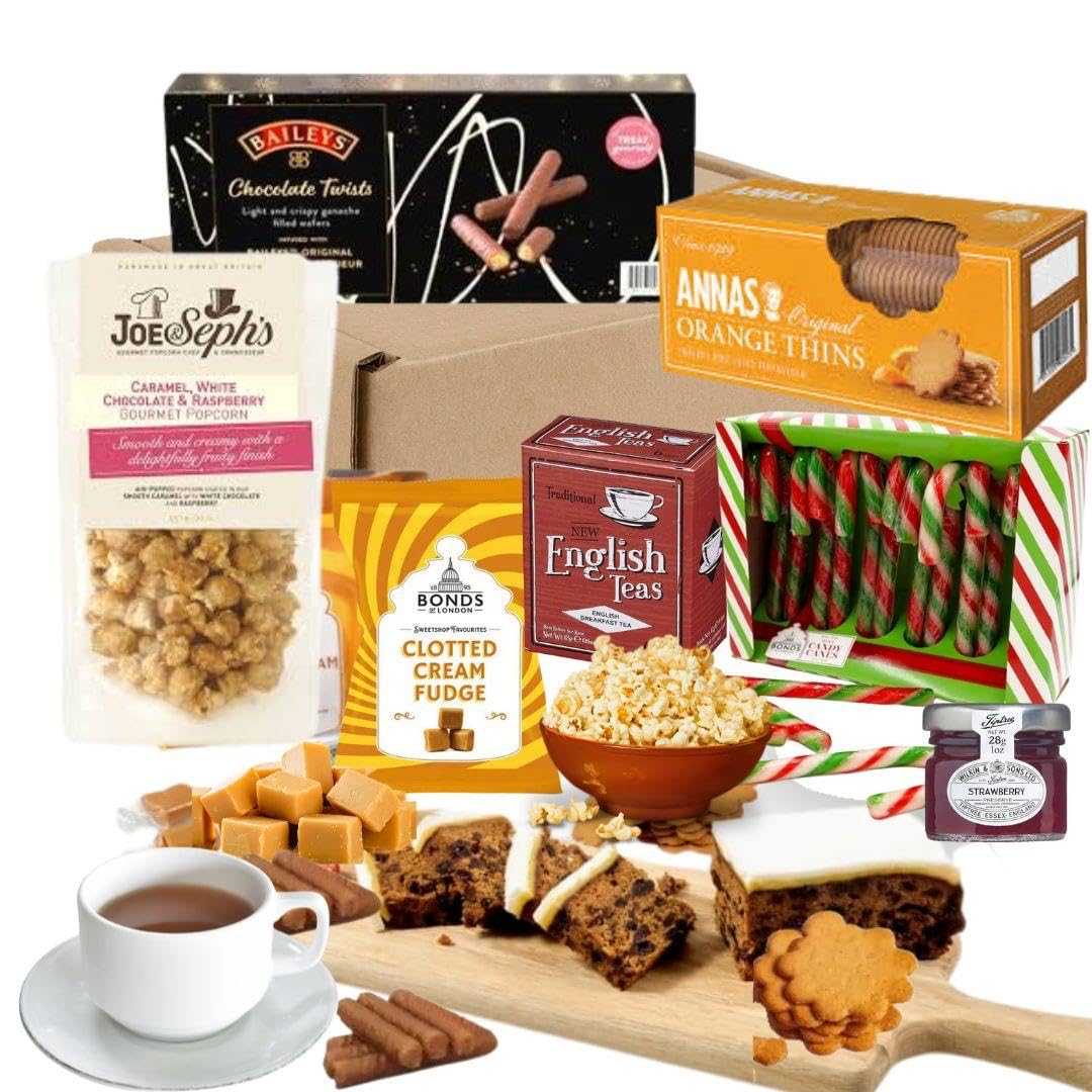 Christmas Teatime Hamper- Tea, Fruit Cake, Chocolate, Jam, Buscuit, Fudge, Candy Cane, Popcorn- Xmas Hamper Gift for Men & Women