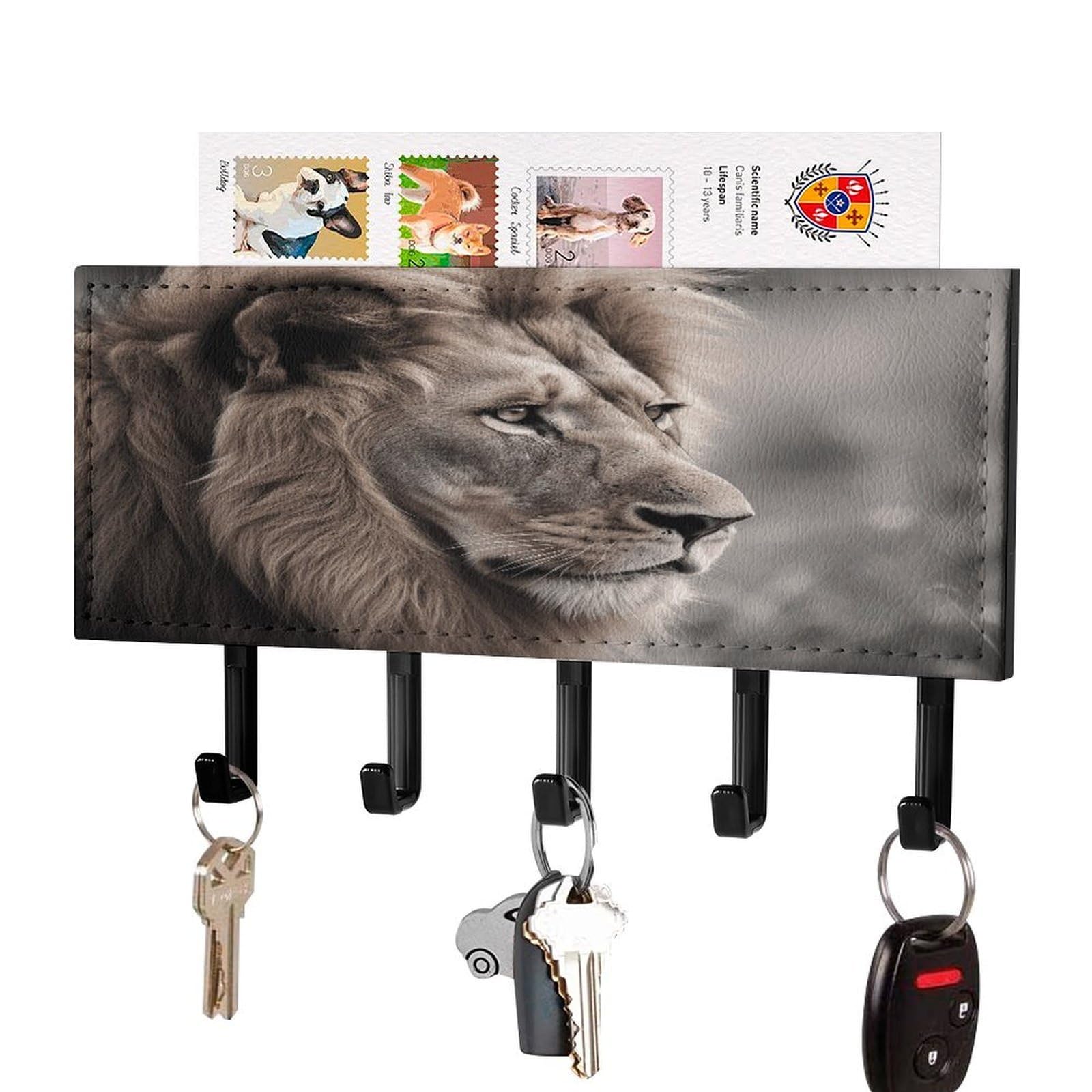 Fekiloot Black-Style Wildlife Lion Key Holder Wall Mount Key Hanger With 5 Hooks Decorative Key Rack Hanging Key Hooks With Mail Organizer Key Holder For Wall Living Room Kitchen Bathroom Hallway Black