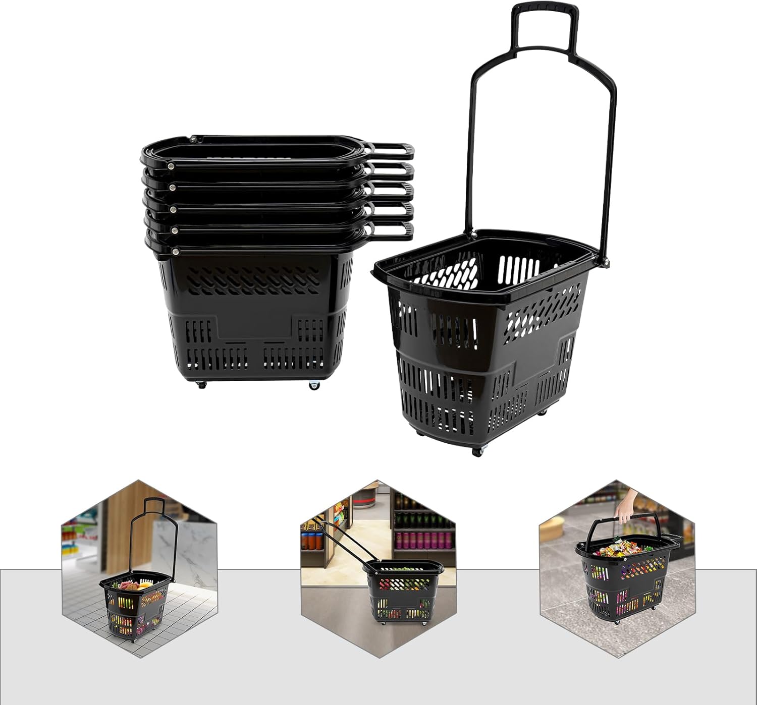 Shopping Carts with Wheels and Handle, Basket Plastic Rolling, Portable Shopping Basket Set in Supermarkets and Retail Stores