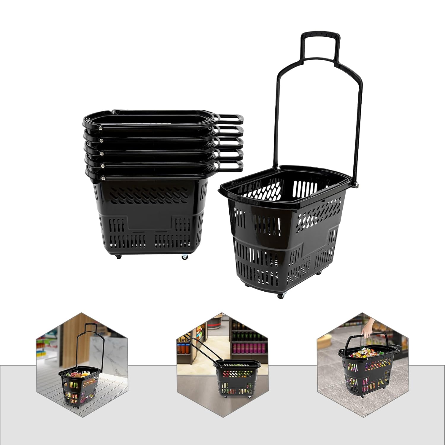 35L 6PCS Shopping Baskets, Grocery Basket with Handles & Wheels, Pp Trolley Rolling Plastic Shopping Cart for Supermarkets and Retail Stores (110lbs Load)