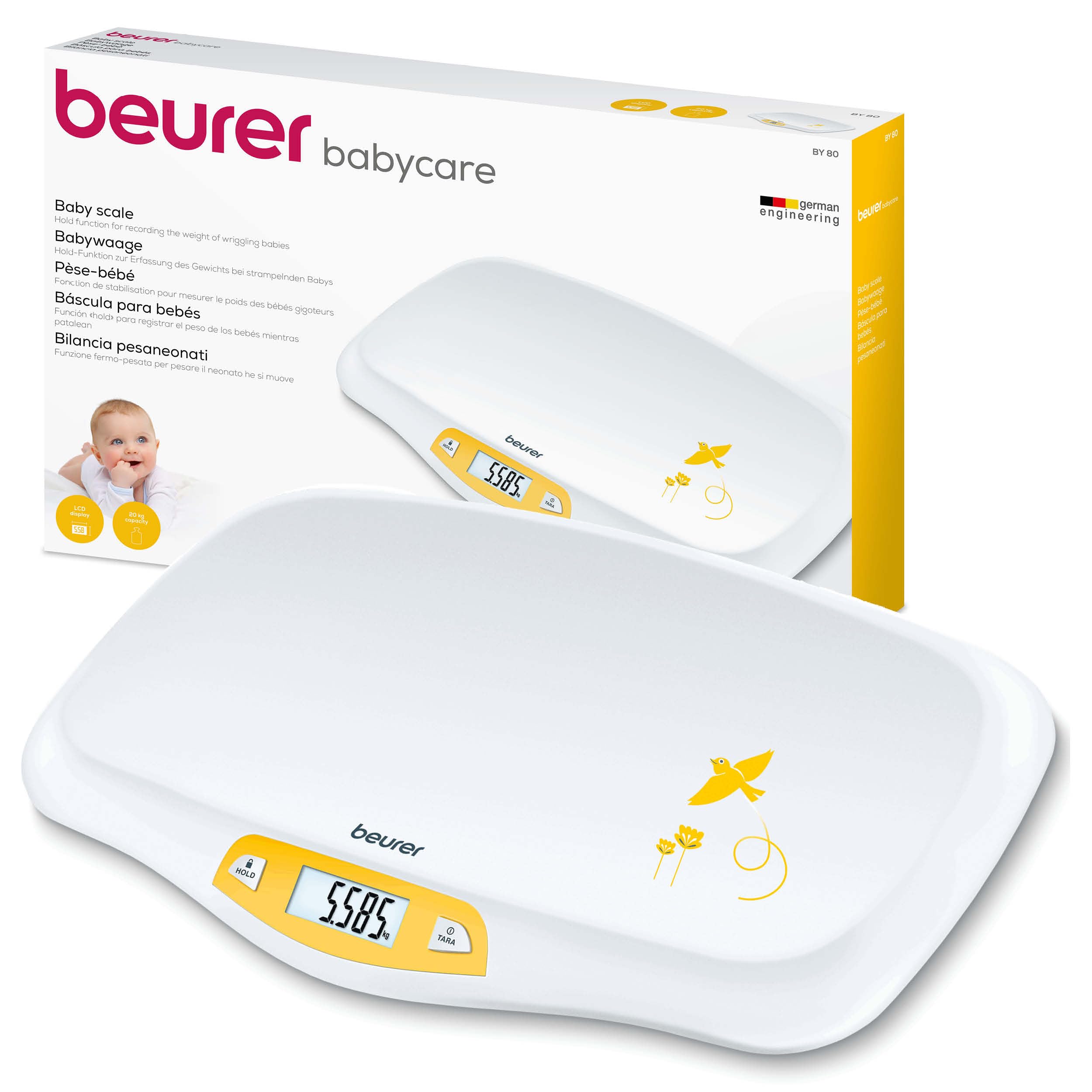 Beurer BY 80 Babywaage, mit gewölbter Oberfläche, 20 kg Tragkraft, Tara- und Holdfunktion für strampelnde Babys, Messung und Anzeige in 5g-Schritten, auch als Tierwaage verwendbar