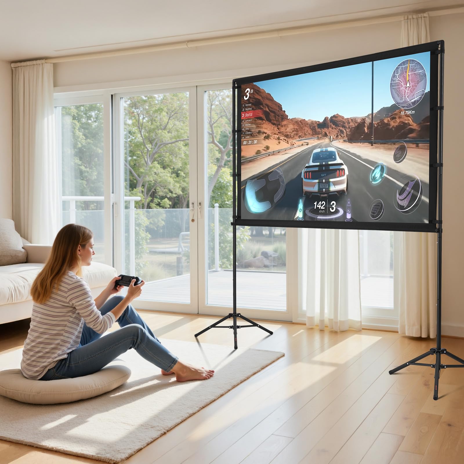VEVOR Pantalla de Proyector con 2 Trípodes, Pantalla de Proyección Portátil Antiarruga de 213,4 cm con Ángulo Amplio de 160° y Bolsa de Transporte 16:9 4K HD para Presentaciones de Cine en Casa