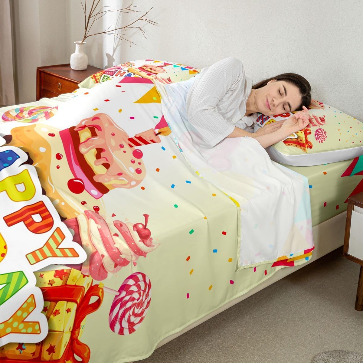 jejeloiu Happy Birthday Theme Sheet Set for Girls Boys Kids Queen Size Balloon Print Sheets with Deep Pocket Fitted Sheet Room Decorative Cake Colorful Bed Sheets Set White Bedding Set 4Pcs