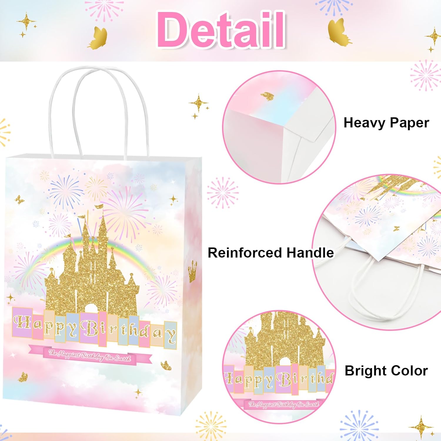 Lecheme Princess Birthday Gift Bags 24 Pcs Rainbow Castle Crown Treat Bags with Handles Candy Goodie Bag Decorations for Girl Princess Birthday Party Supplies - Image 4