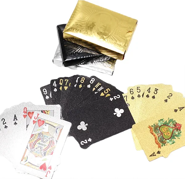 Kikbioee 3 Decks Luxury Playing Cards Set, 3 Colors Cool Games Gifts for Adults Family Party and Game (Gold Silver Black) Premium Poker Deck
