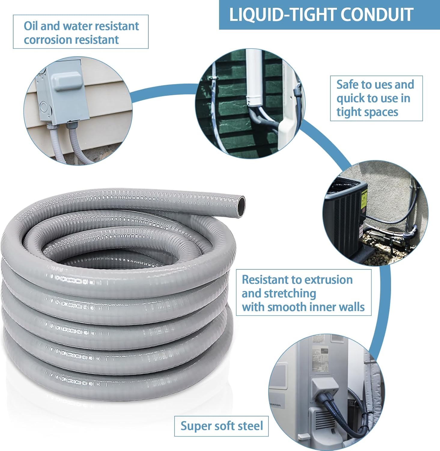 1/2 Inch Liquid-Tight Conduit and Connector Kit - 50 FT Non-Metallic Electrical Conduit with 5 Pcs 180° Straight and 5 Pcs 90° Angle Fittings