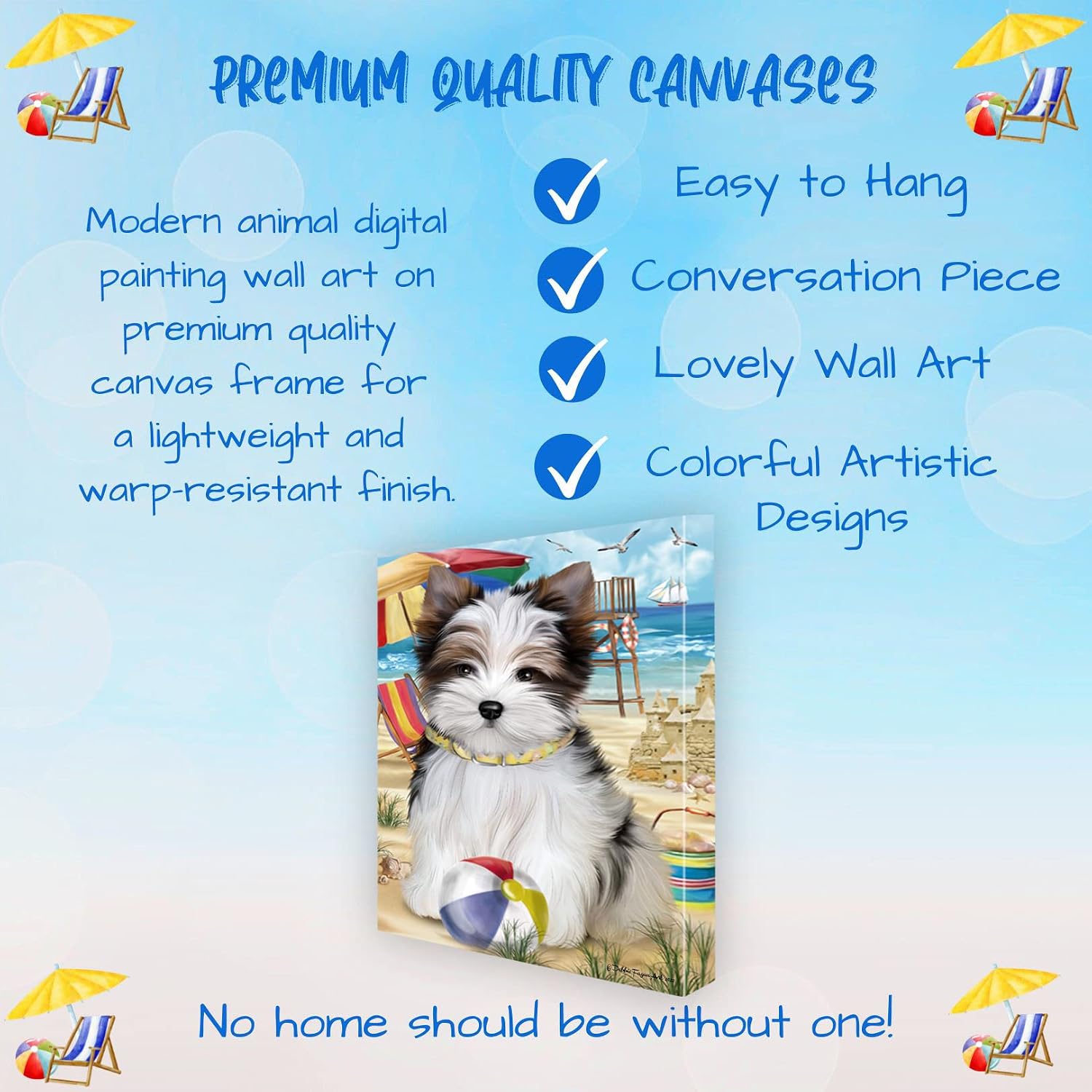 Pet Beach with Biewer Terrier Dog Canvas Wall Art - Premium Quality Ready to Hang Room Decor - Black Floating Framed 16" x 24"
